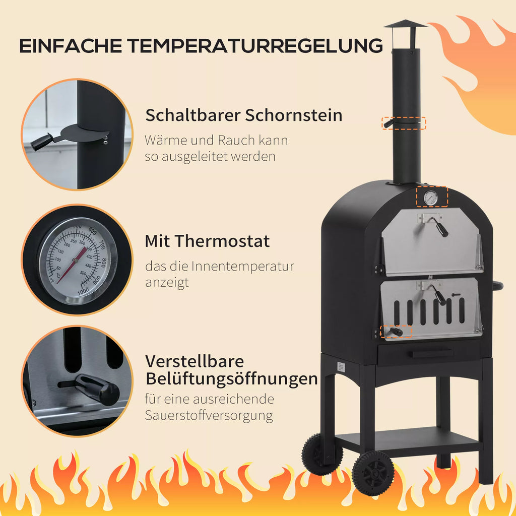 2-in-1 lauko picų krosnelė su ratukais Grilio krosnelė su apsauginiu dangčiu Picų mentė 2 grilio tinklai Grilio vežimėlis su kaminu 3 pakopų medinė krosnelė BBQ plieninė juoda + sidabrinė 63 x 54 x 161 cm