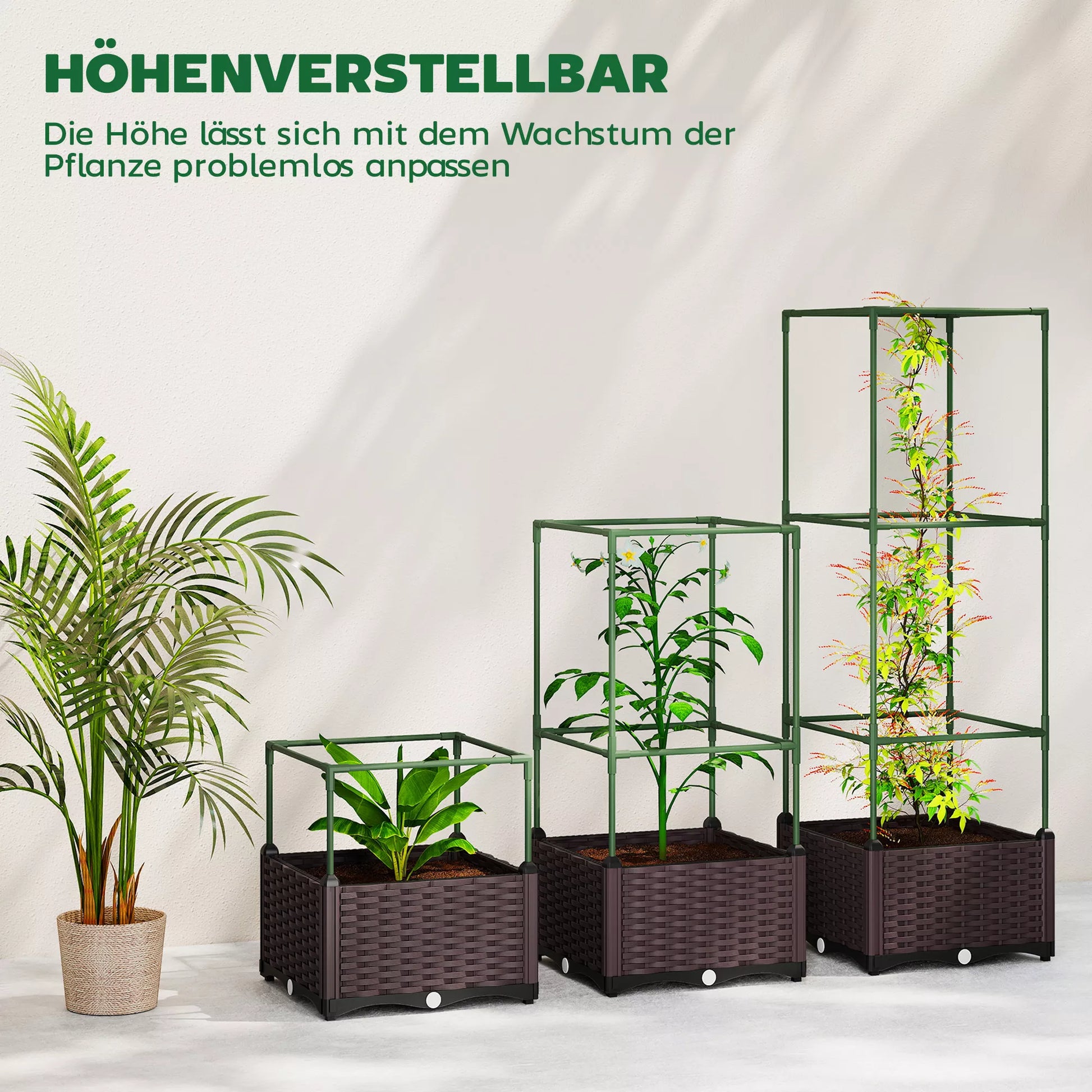 Pakeltų lysvių su grotelėmis rinkinys, trijų dalių augalų dėžės su drenažo angomis, plastikas, balta