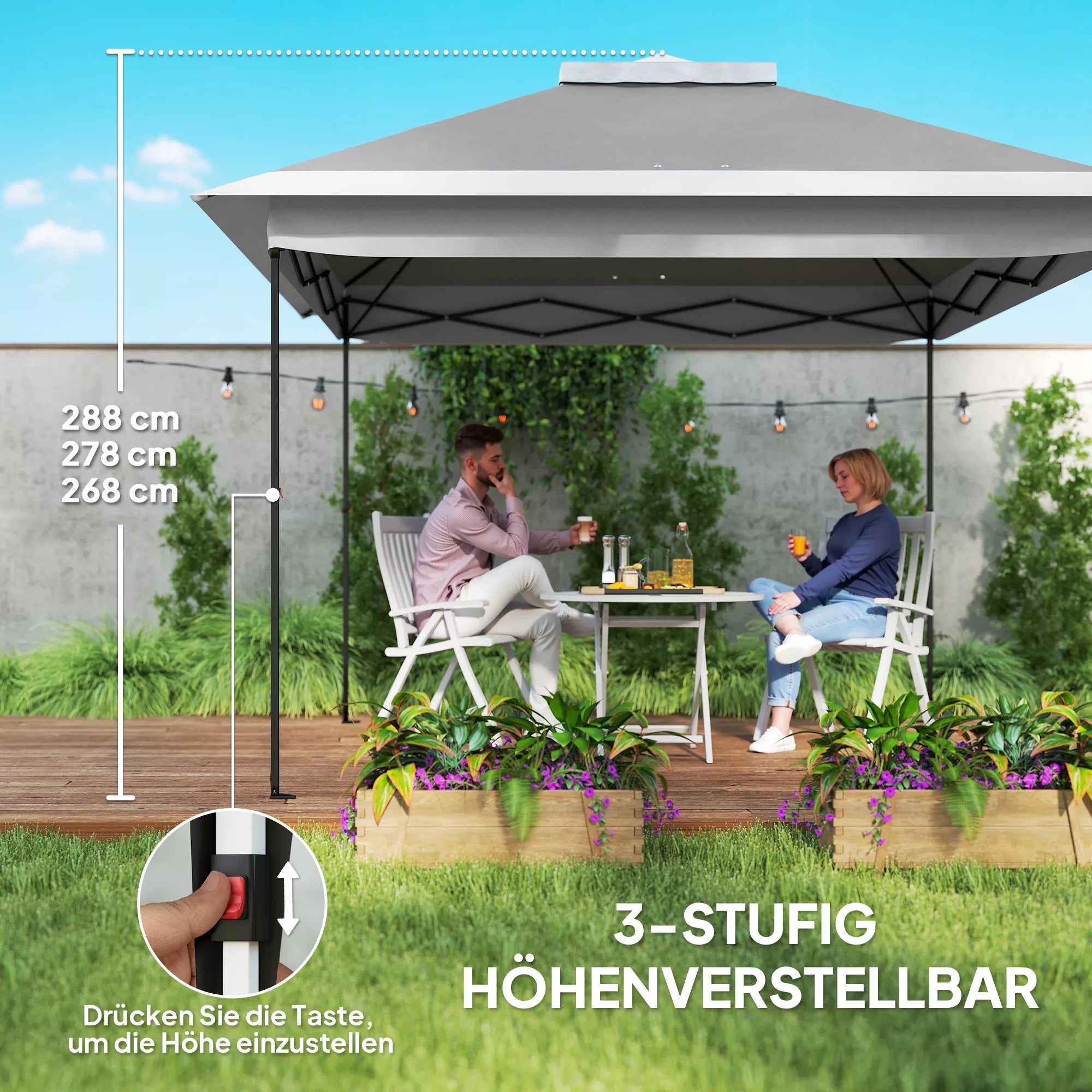 Sulankstoma pilka pavėsinė, greitai surenkama sodo pavėsinė su tinklinėmis užuolaidomis, metalas ir poliesteris, 330x330x288 cm
