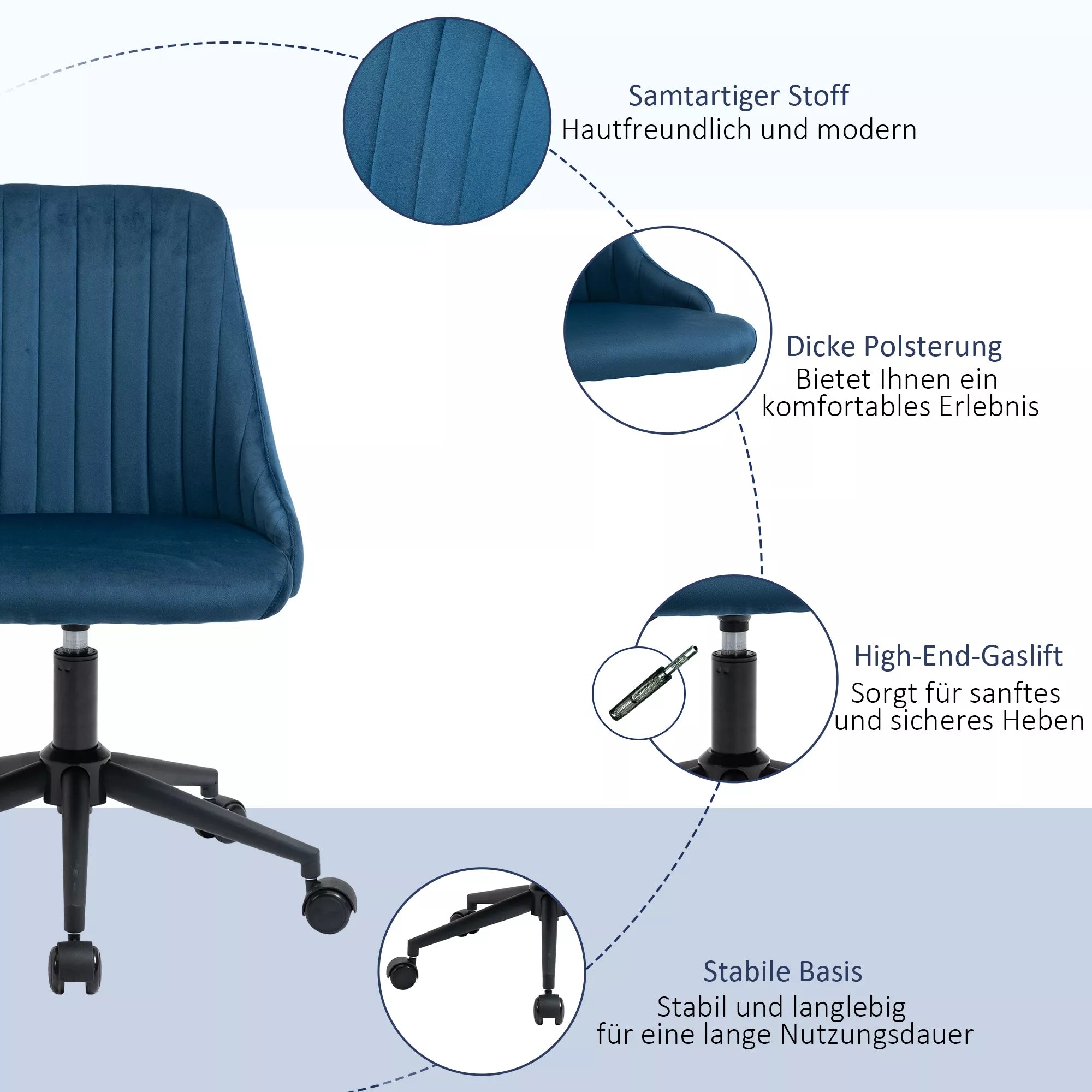 Biuro kėdė Sukiojama kėdė Rašomojo stalo kėdė Ergonomiškas linijinis dizainas Reguliuojamas aukštis 360° sukiojama Putų medžiaga Velveto tipo poliesteris Mėlyna 50 x 58 x 77-87 cm