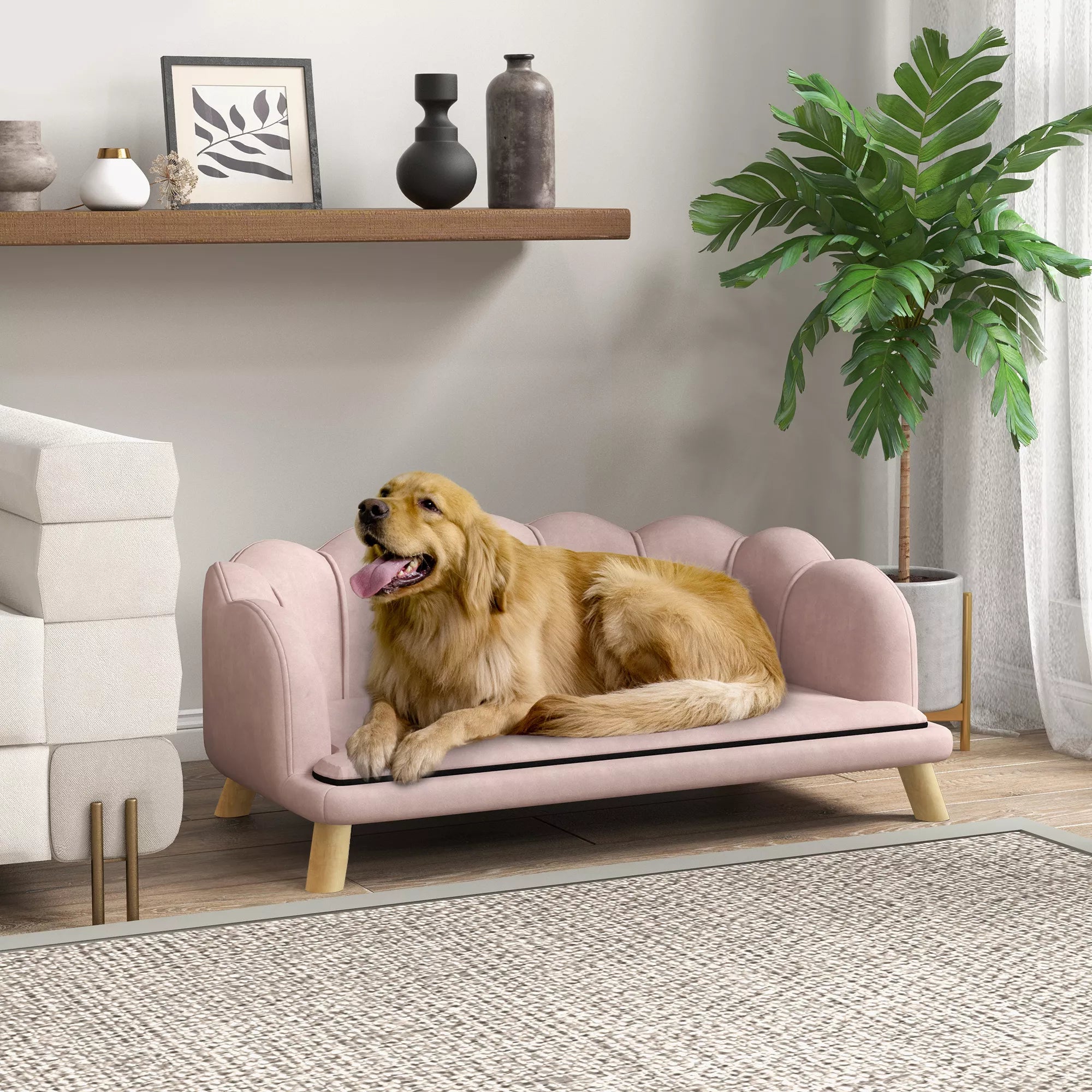 Namai augintiniams skirtas sofa vidutinio dydžio ir dideliems šunims iki 25 kg, tvirtas medinis, paminkštintas, rožinis