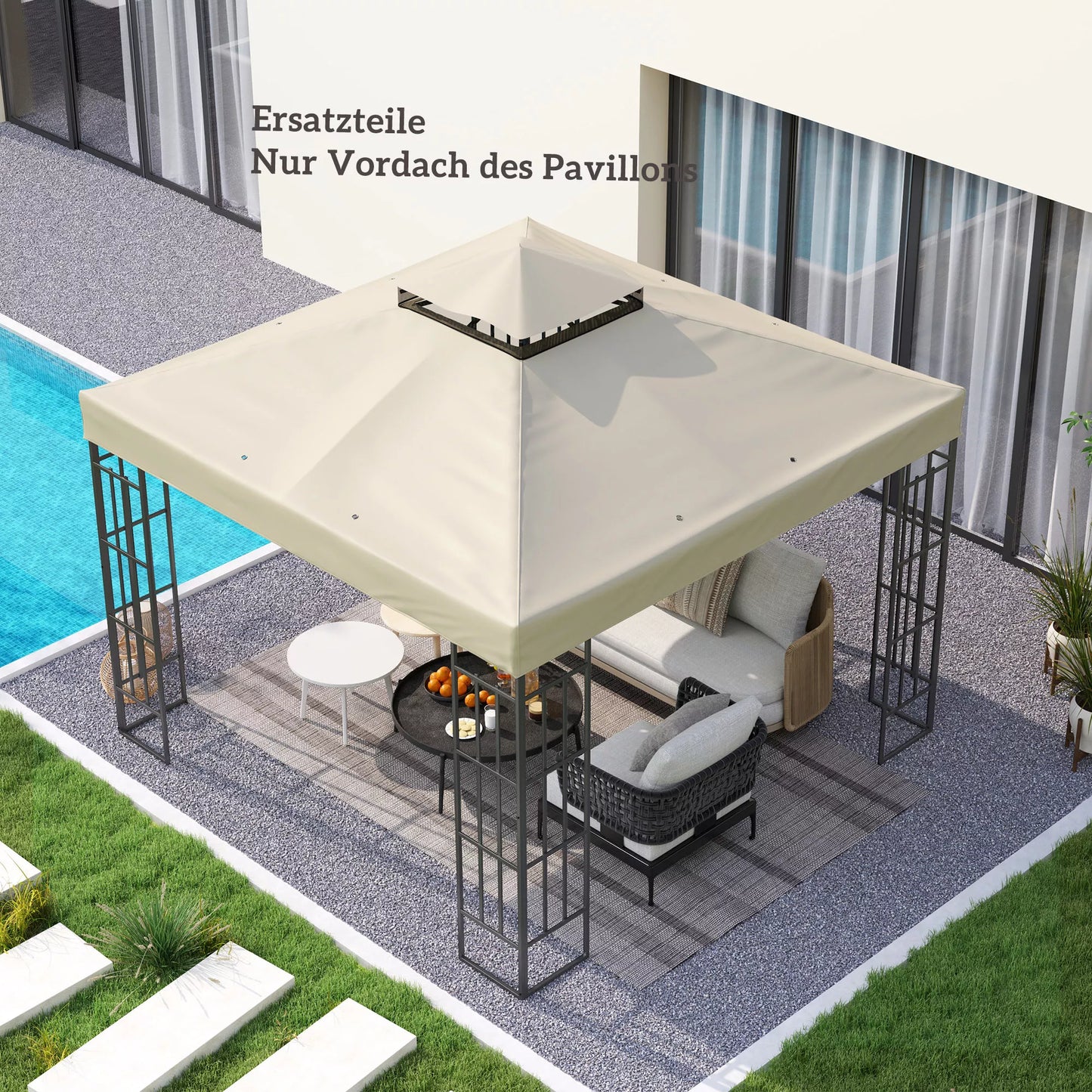 3 x 3 m atsarginis paviljono stogas, atsarginis paviljono tentas su vandens nutekėjimo angomis, UPF30+, apsauga nuo saulės, kreminė balta spalva