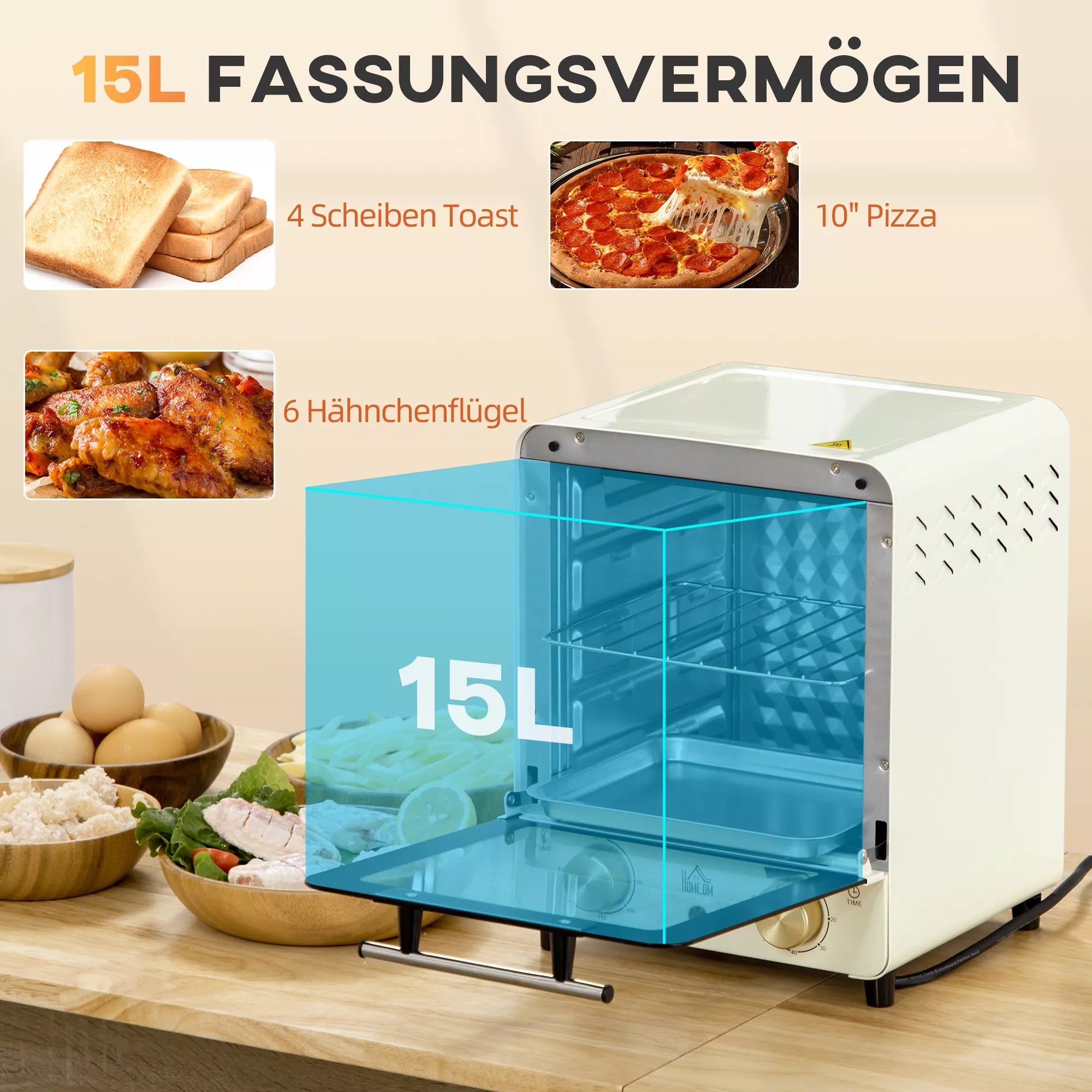Mini orkaitė, 15 l talpa, aukščio reguliuojama kepimo skarda ir grotelės, 1000 W, kreminė balta spalva