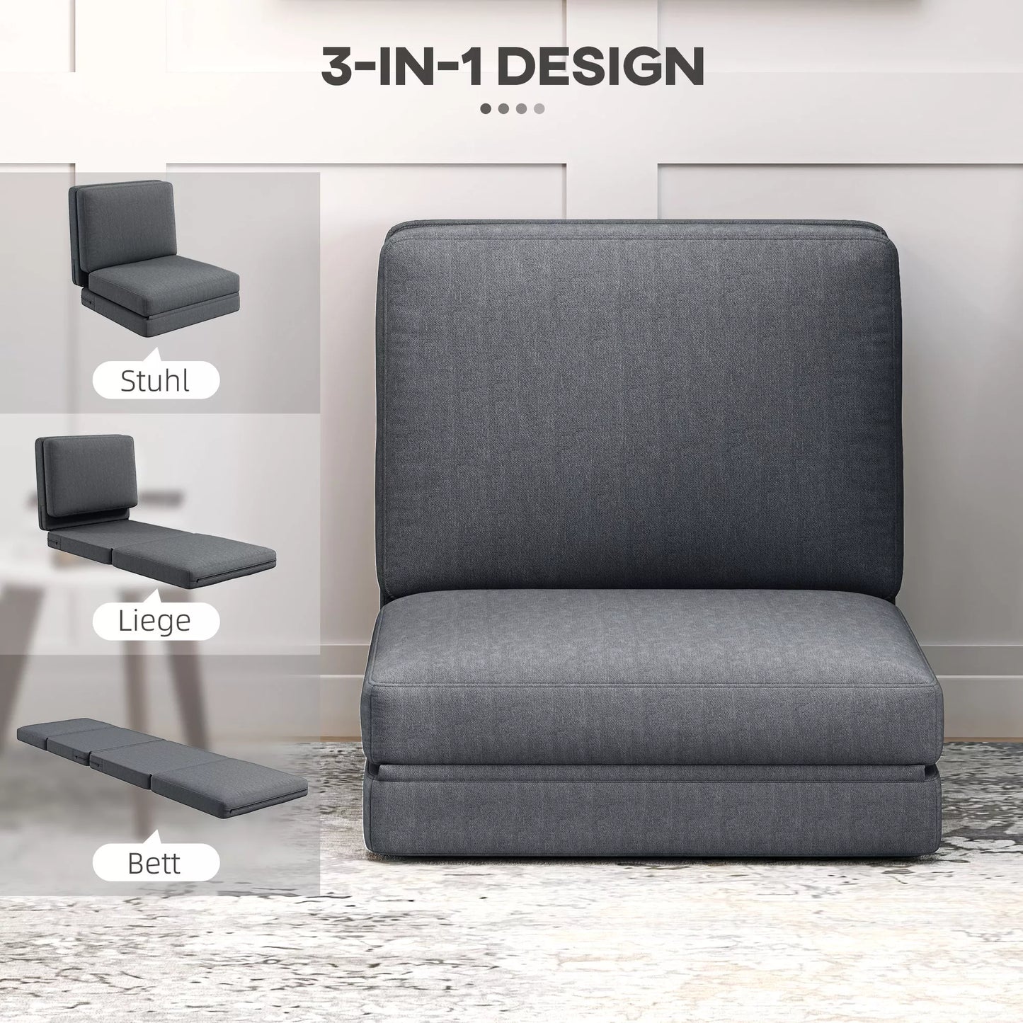 Sulankstoma grindų kėdė su pagalvėle, transformuojama minkšta sofa, svetainei, svečių kambariui, biurui, 75 x 268 x 18 cm, tamsiai pilka