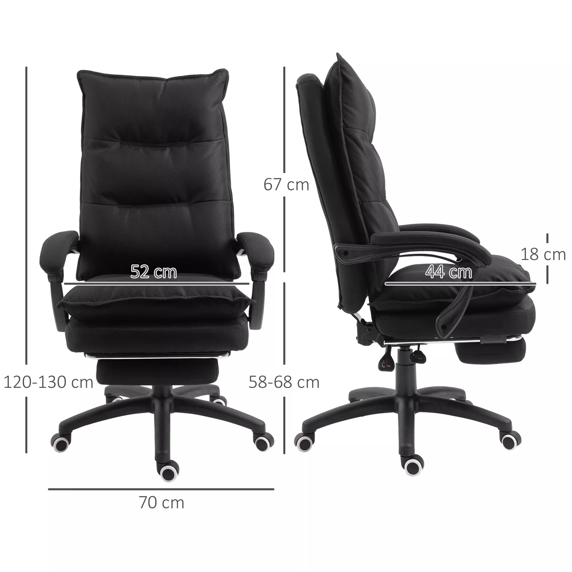 Schema su kėdės matmenimis: 70 cm plotis, 120–130 cm aukštis