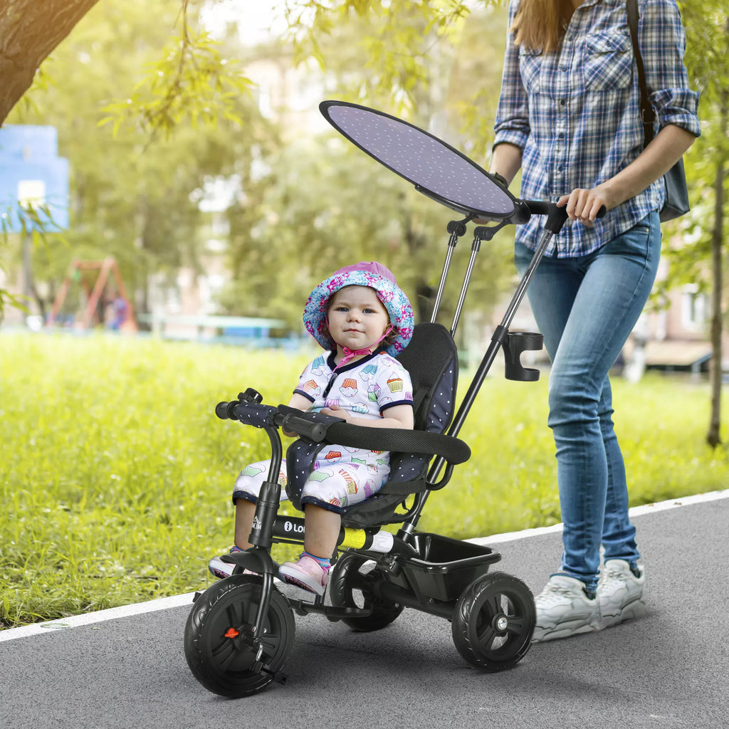 Tamsiai mėlynas vaikų triratis su mama ir vaiku parke