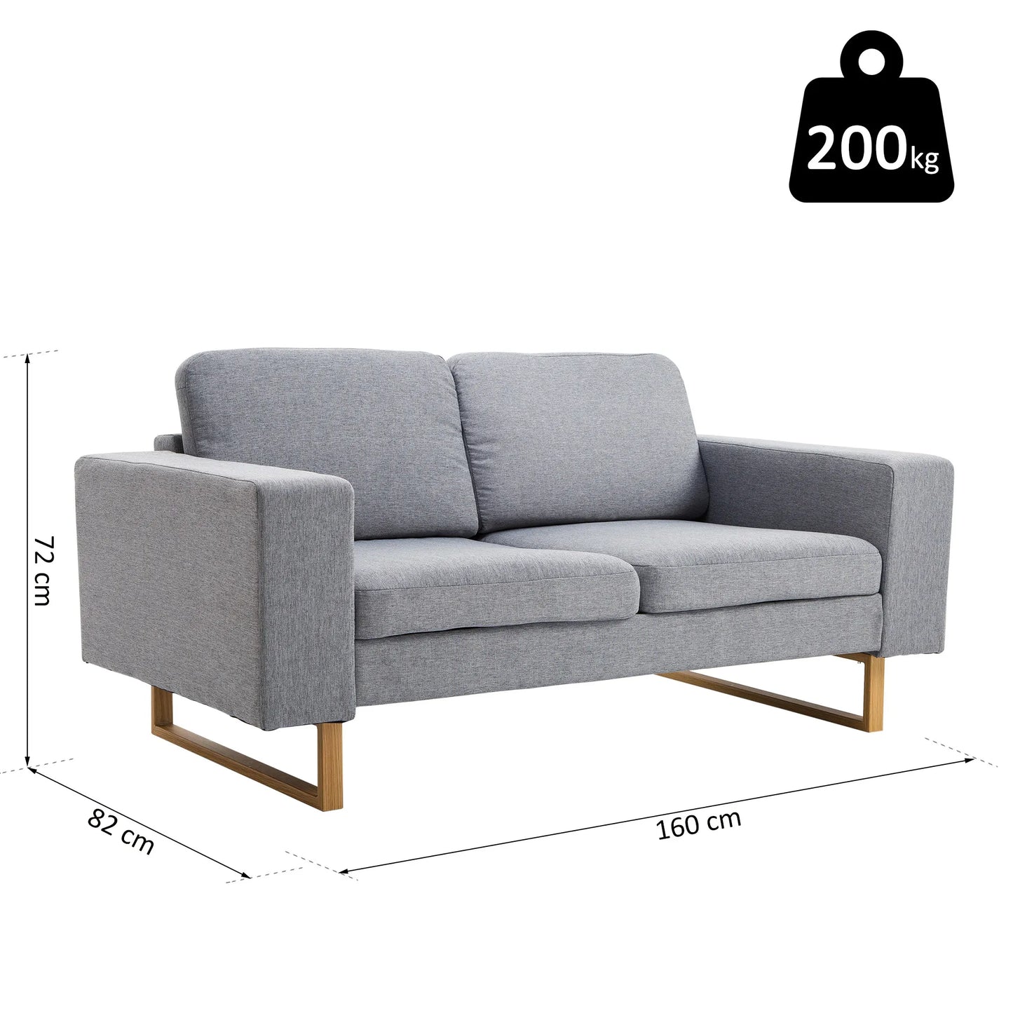 ® 2 vietų sofa, audinio sofa, kampinė sofa, minkšta sofa su porankiais, medinė, šviesiai pilka, 145 x 82 x 78 cm
