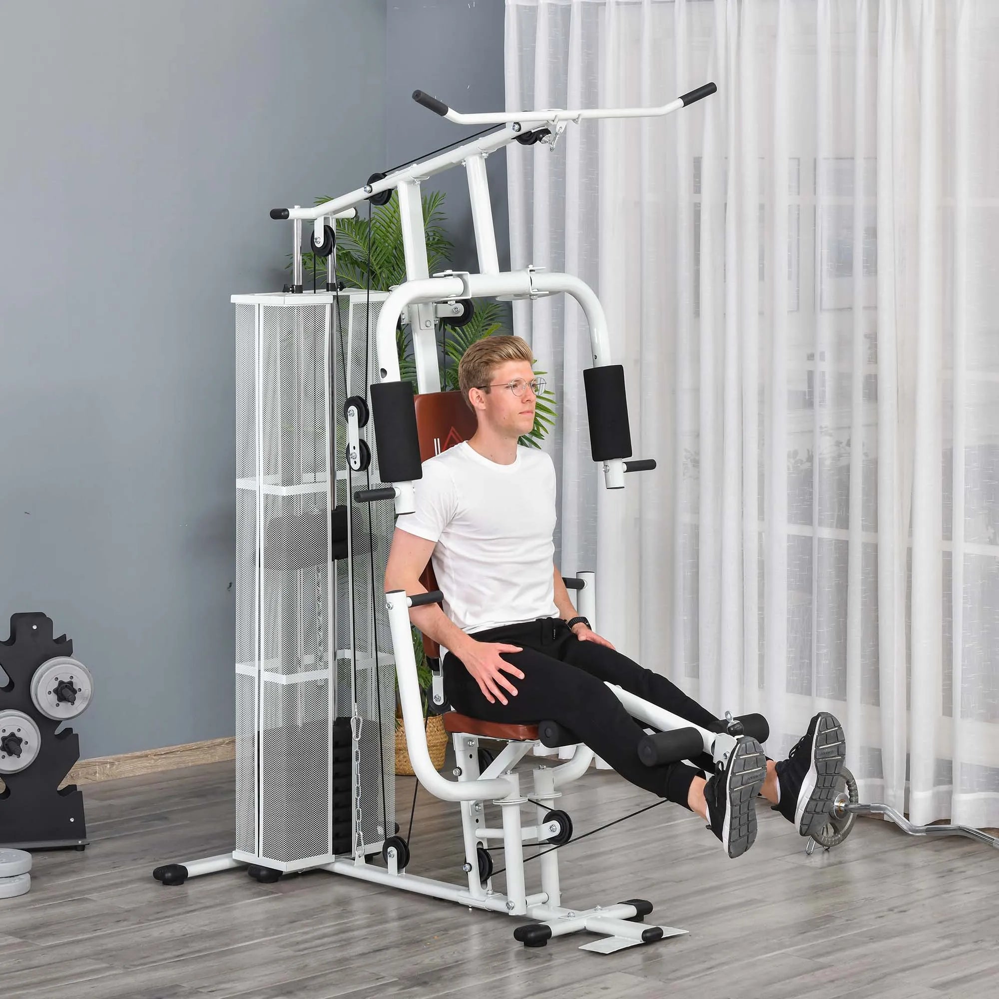 Sporto salės treniruoklis, daugiafunkcinis treniruoklis, jėgos stotis su svoriais, viršutinio traukimo ir kojų lenkimo funkcijos, metalas, PU dirbtinė oda, baltos spalvos, 150 x 110 x 210 cm