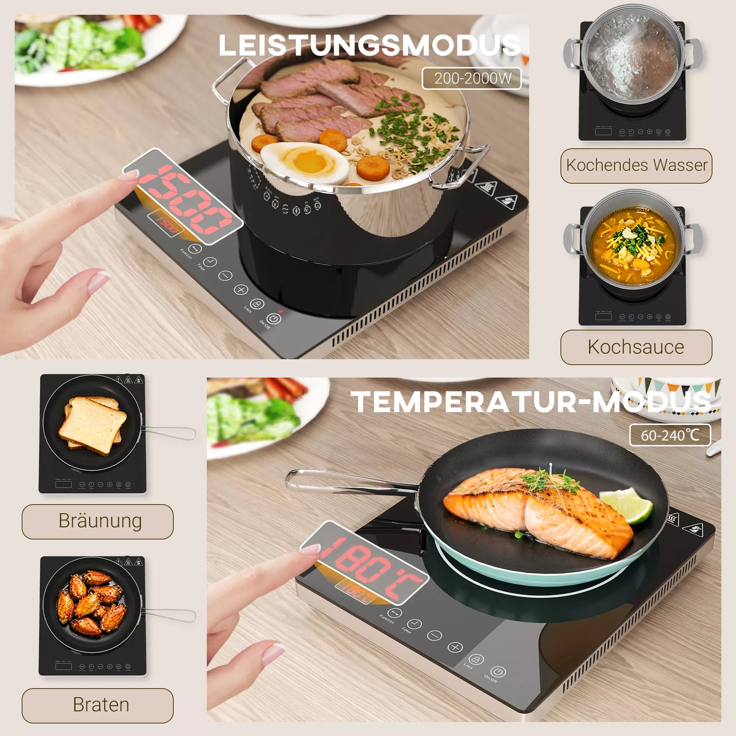 Indukcinė kaitlentė su 10 pakopų temperatūros valdymu, lietimui jautriu skydeliu, juoda