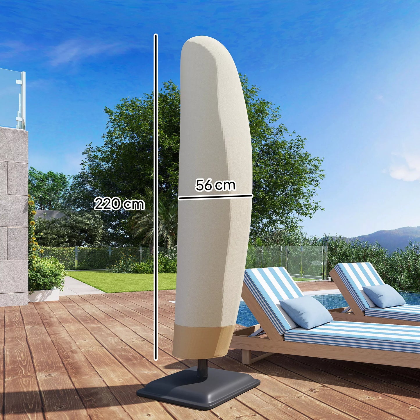 Apsauginė skėčio nuo saulės danga Ø 400 cm, atspari vandeniui, apsauganti nuo oro sąlygų, su stulpu, užtrauktuku, raišteliu, Oksfordo audiniu, UV spinduliams atspari atverčiama skėčio nuo saulės danga 220 × 56 cm, smėlio spalvos