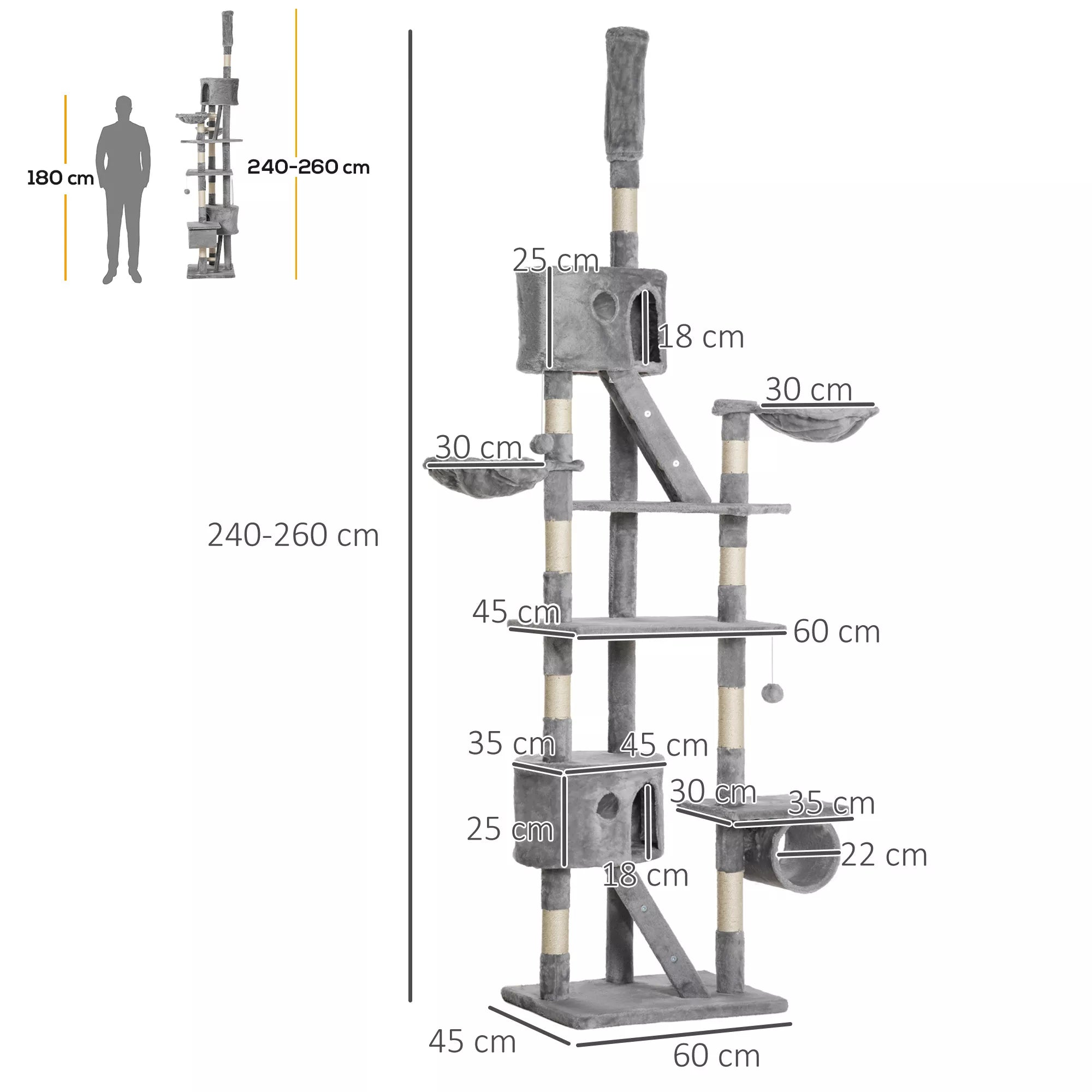Katės draskyklė 240–260 cm, lubinė, šviesiai pilka