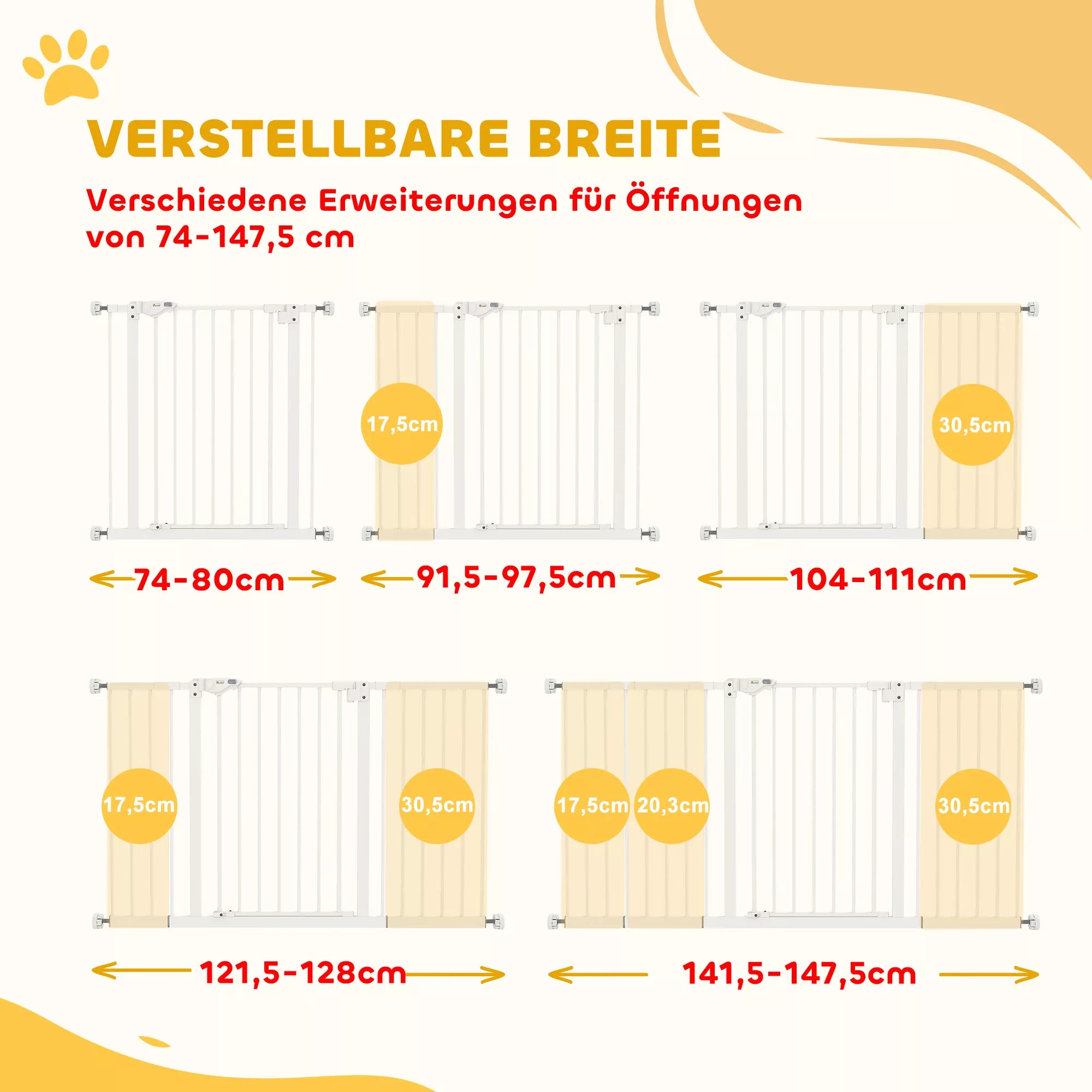 Šunų užtvaros, išplečiamos, tvirtinamos spaustuvais, metalinės, 136x76 cm, baltos spalvos