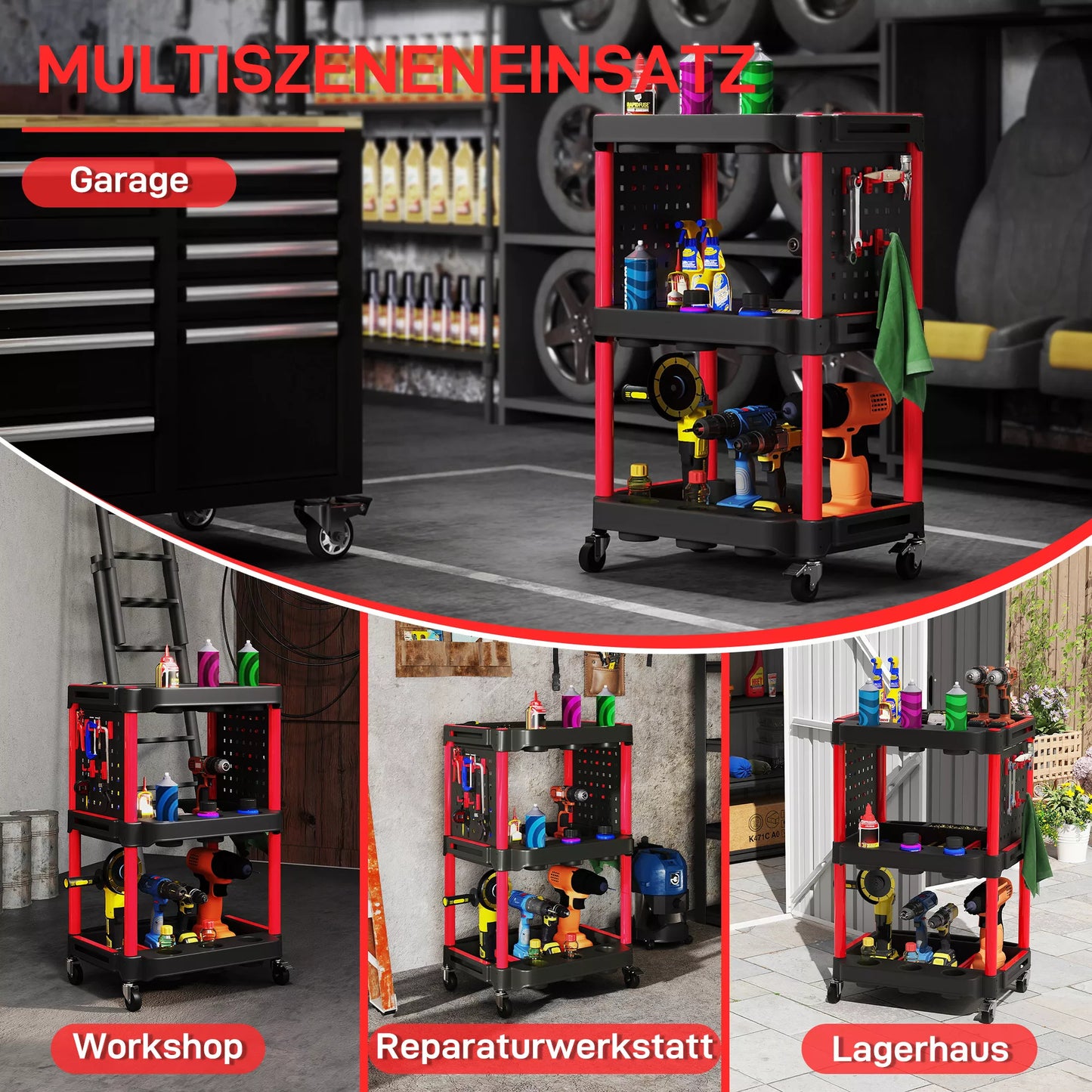 Įrankių vežimėlis, trijų pakopų lentynos, 4 ratai, plastikas, 10 kabliukų, raudonas