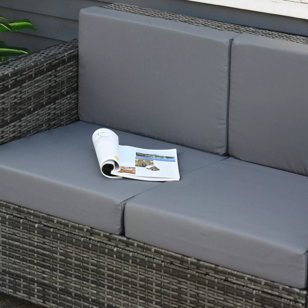 Polirataninė sofa su pagalvėmis, 2 vietų, sodo poilsio sofa, metalas, poliesteris, pilka, 130 x 70 x 80 cm