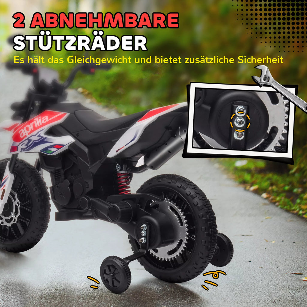 12 V vaikų motociklas su pagalbiniais ratais, LED žibintais, muzika, USB, elektrinis motociklas berniukams ir mergaitėms, baltas