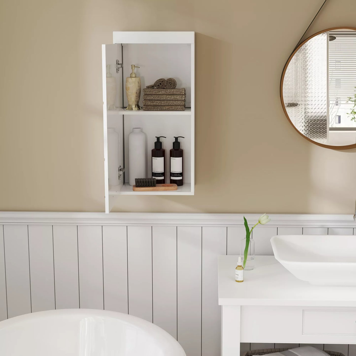 Dviejų pakopų vonios spintelė, komoda, sieninė, MDP, MDF, balta