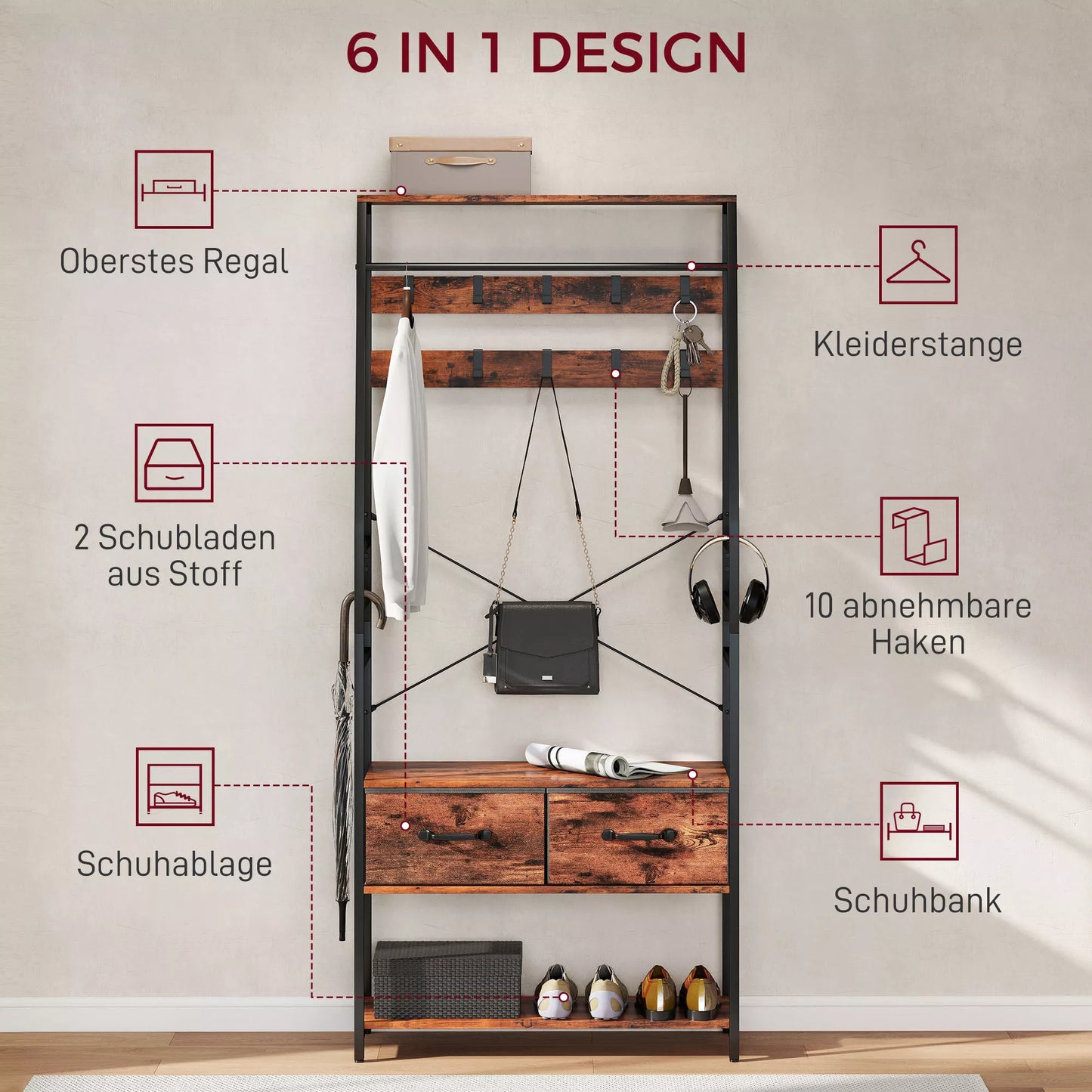 Drabužių kabykla su batų lentyna, palto stovas su suoliuku, 10 kabliukų, 2 audinių stalčiai, drabužių strypas, medžio drožlių plokštė, metalas, ruda