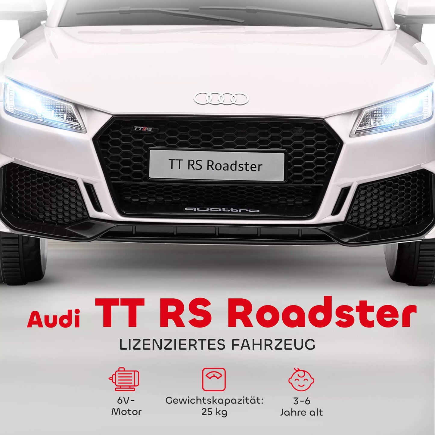 Vaikiškas elektromobilis, Audi TT RS Roadster, 3 km/h, su nuotolinio valdymo pultu, LED, USB, baltas