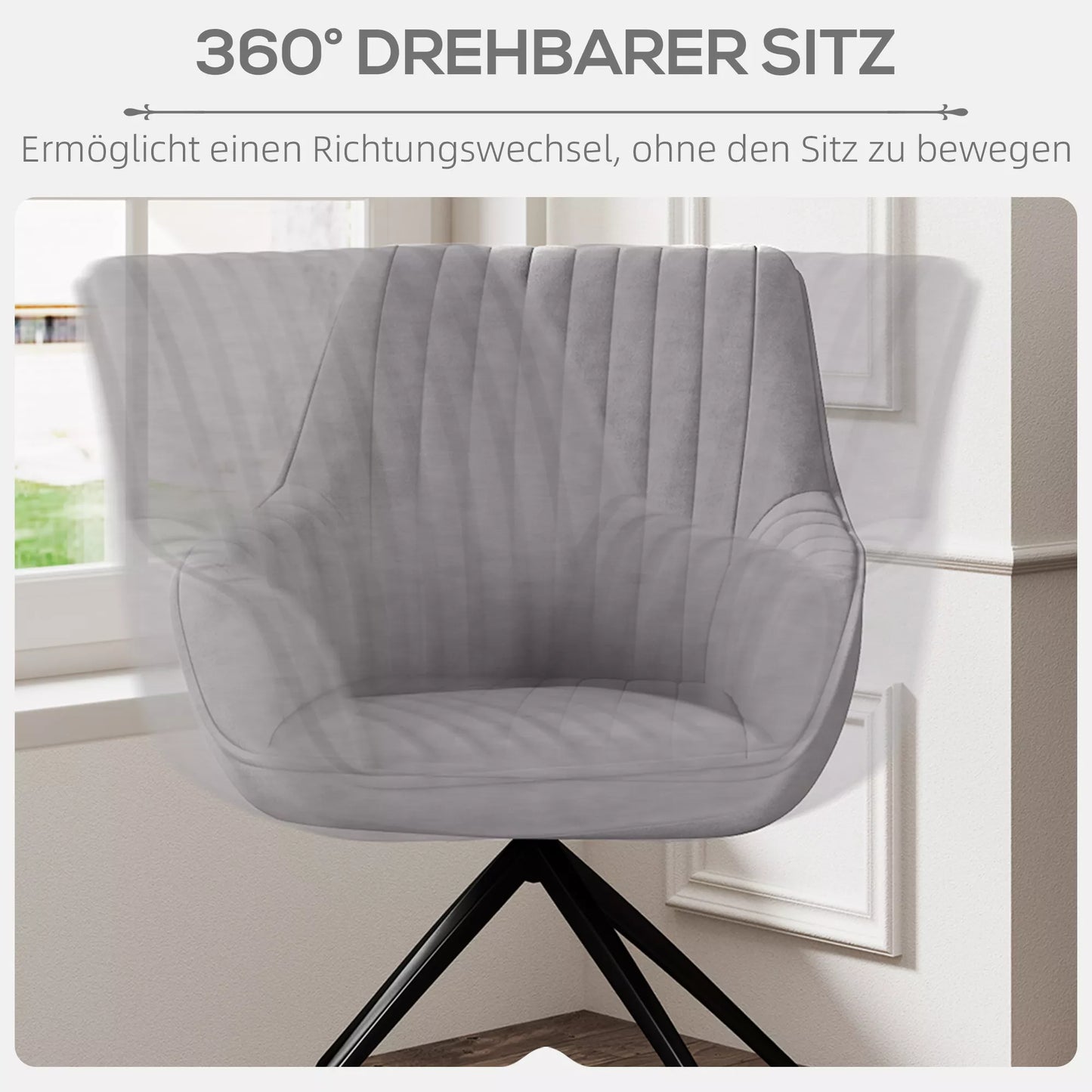 Besisukantis fotelis, modernus akcentinis krėslas su metalinėmis kojomis svetainei, miegamajam, biurui, pilkas