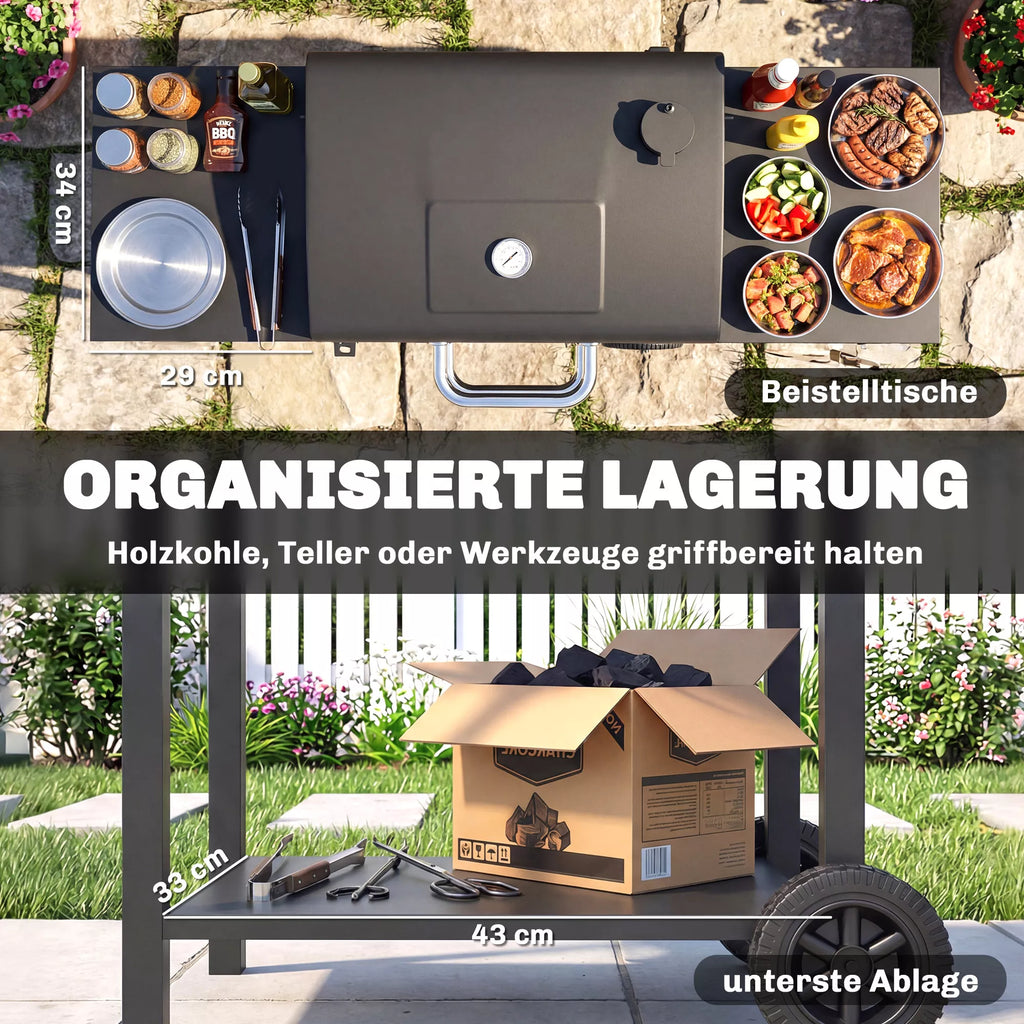 Anglies grilis su dangčiu, BBQ rūkymo grilis su 2 šoniniais stalais Didelis grilio paviršius Grilio grotelės Termometras Ratai