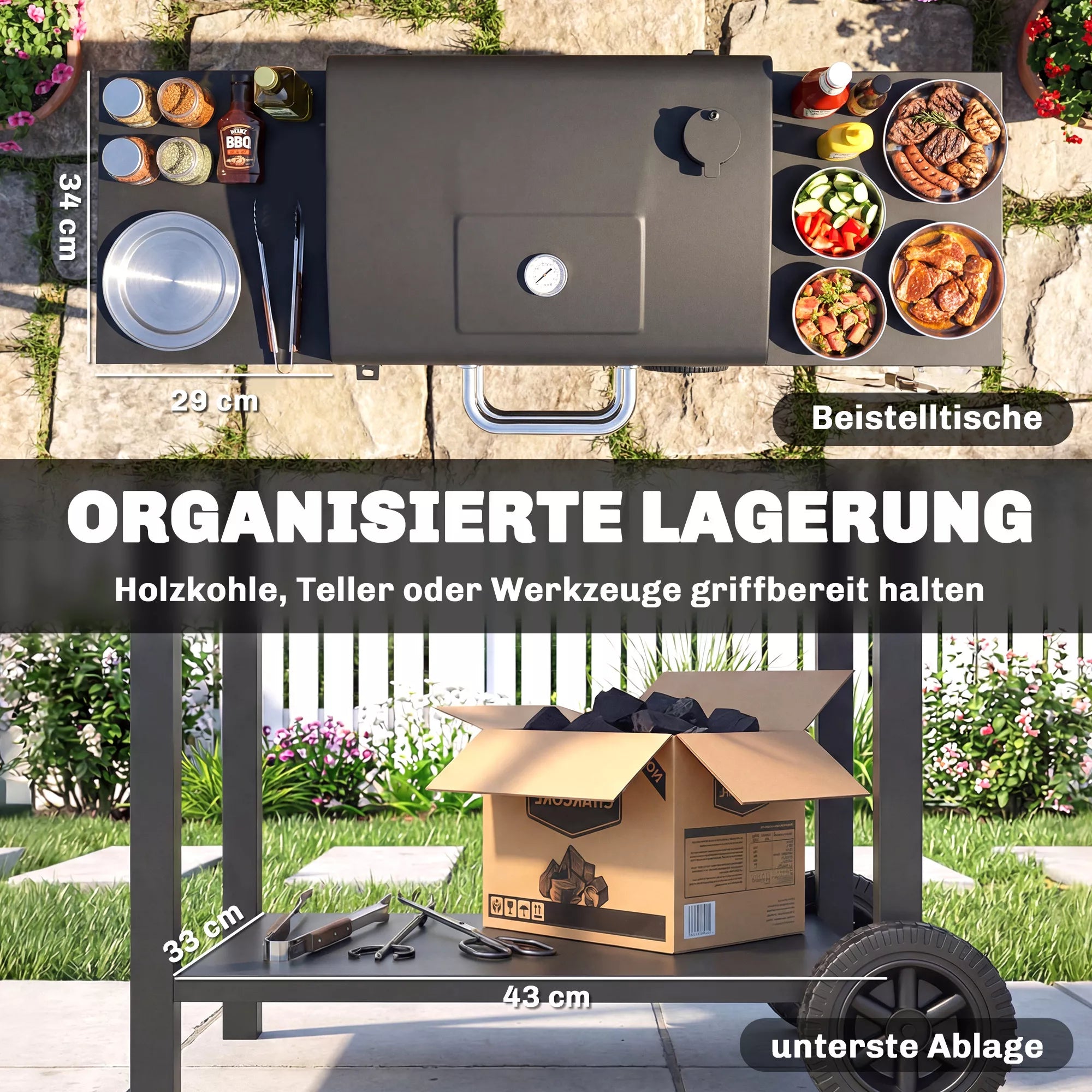 Anglies grilis su dangčiu, BBQ rūkymo grilis su 2 šoniniais stalais Didelis grilio paviršius Grilio grotelės Termometras Ratai