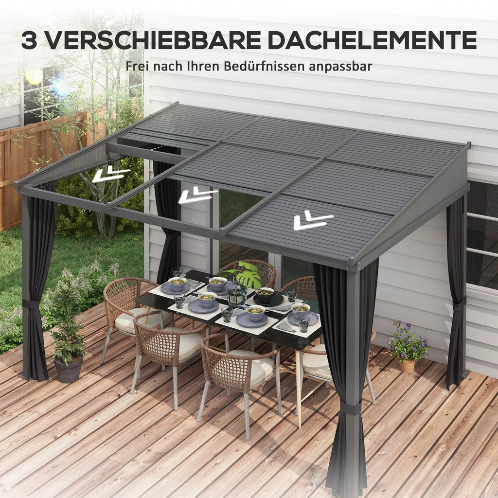 Sodo pavėsinė, pergola, su stumdomu stogu, užuolaidomis, aliuminio rėmu, tamsiai pilkos spalvos, 3,65 x 2,55 x 2,05 m