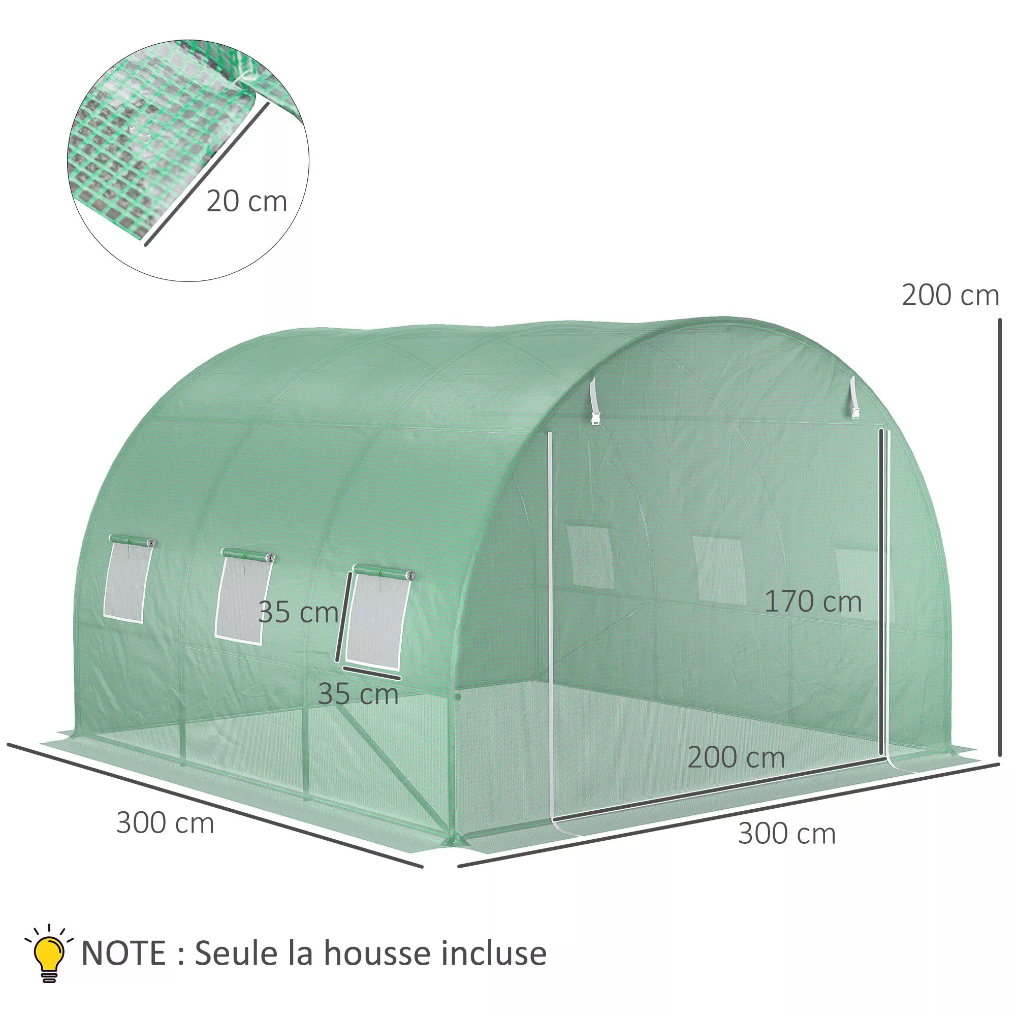 Atsarginė plėvelė 3x3x2 m šiltnamiui, tvirta, atspari plyšimui, 6 langai, durys, žalia