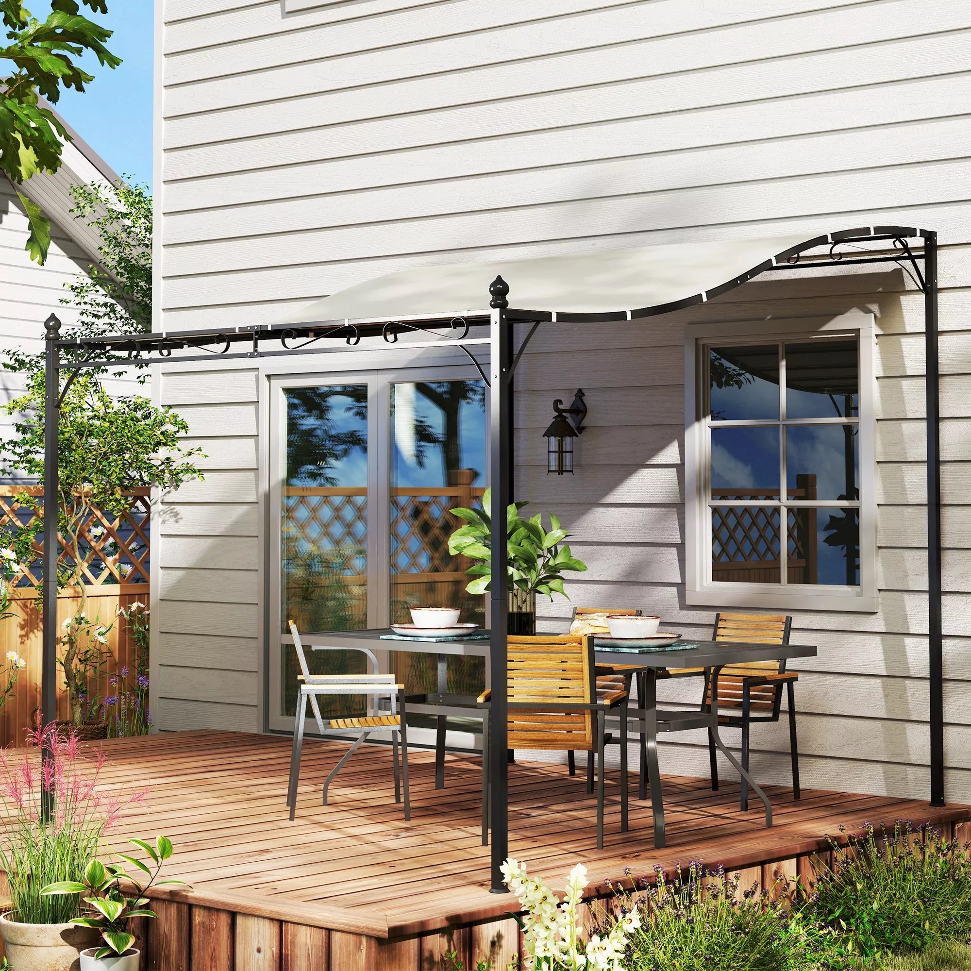 2,5 x 3 m pergola, prie sienos montuojamas sodo paviljonas, atsparus vandeniui, metalinis rėmas, nuotekų angos, šešėlinis stogas, kreminės baltos spalvos
