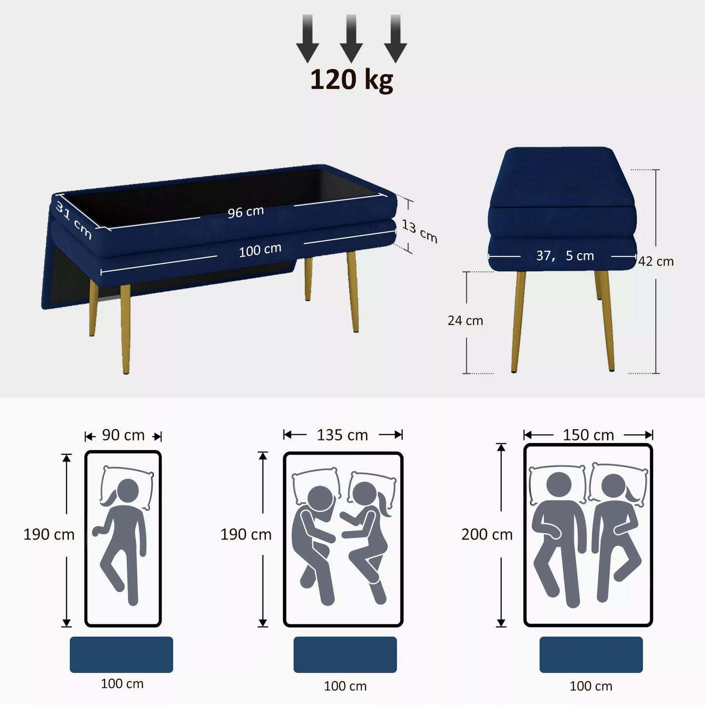 Atlošiamas suoliukas su daiktadėže, plienas, 100 cm x 37,5 cm x 42 cm, mėlynas
