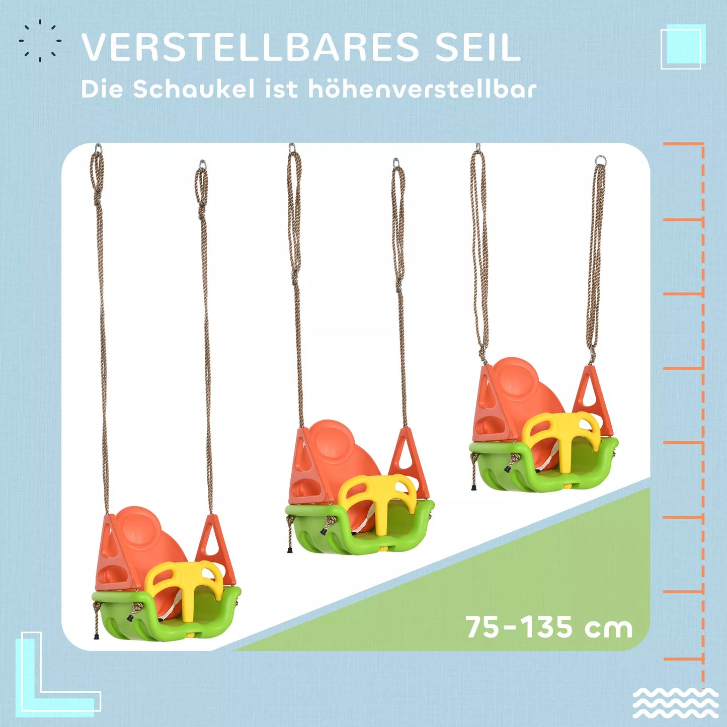 3in1 kūdikio sūpynės, saugos diržas, reguliuojamo ilgio virvės, tinkamos naudoti viduje ir lauke, žalios, 48 x 34 x 180 cm