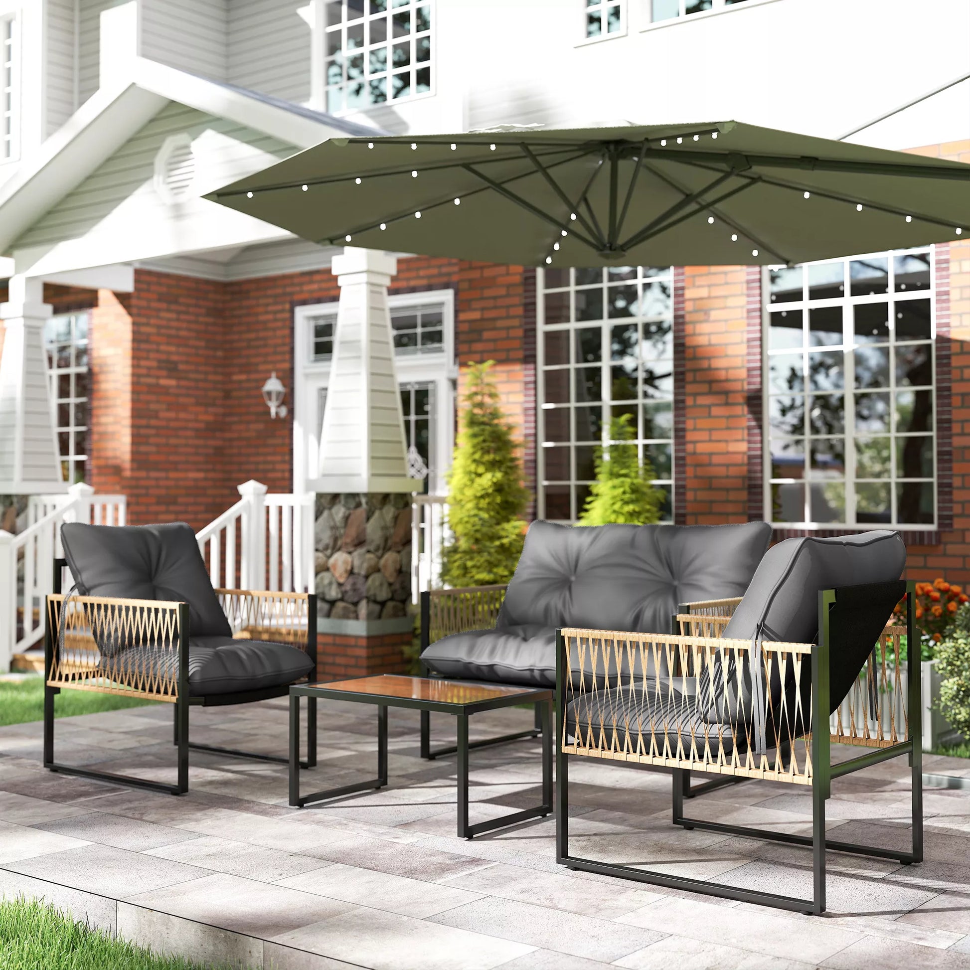 Sodo baldų komplektas, 4 dalys, sofa, 2 kėdės, stalas su stikliniu stalviršiu, metalinis rėmas, poliratas, antracitas