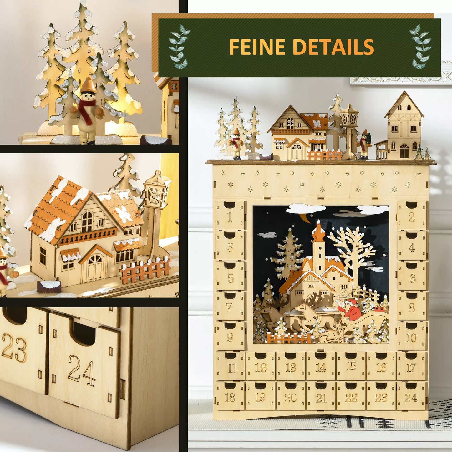 Advento kalendorius pildymui, 24 stalčiukai, Kalėdinis kalendorius su LED lemputėmis, natūralaus medžio, 36 x 9 x 52 cm