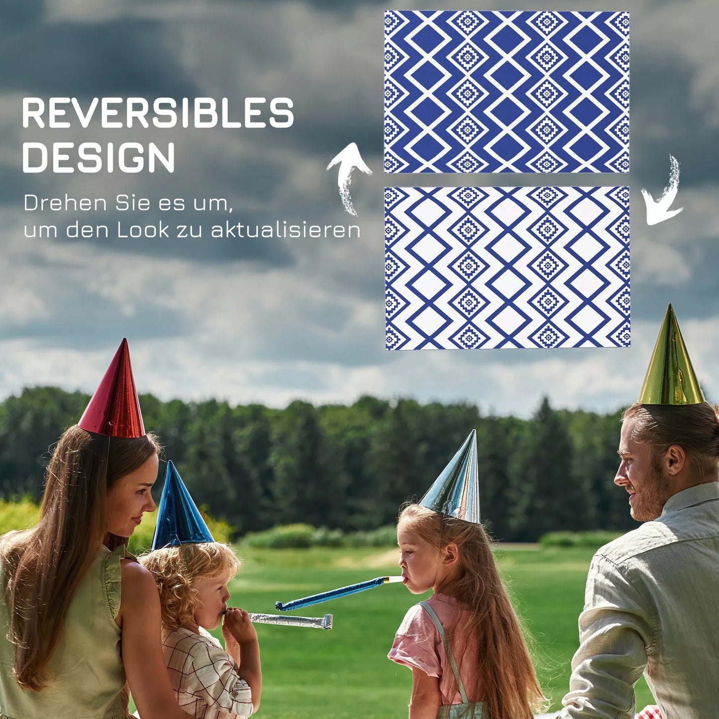 Lauko terasos kilimas, atsparus oro sąlygoms, modernaus dizaino, 182 cm x 274 cm x 0,3 cm, mėlynas + baltas