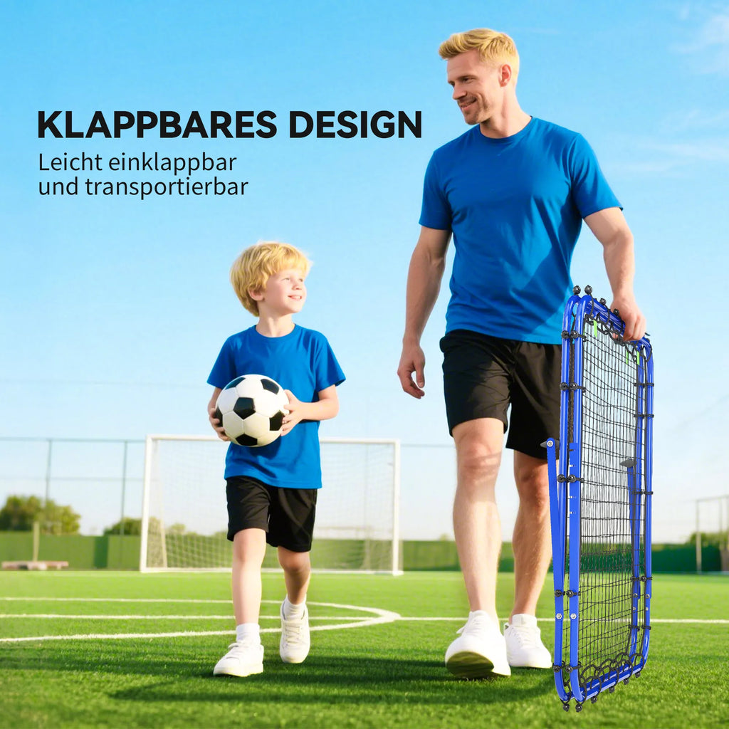 Dvigubas atmušėjas futbolui, reguliuojama atmušimo sienelė su 5 kampinėmis pozicijomis, tinklinis atmušėjas, 100 x 68-95cm atmušimo vartai jaunimui, atmušimo sienelė rankinio treniruotėms, mėlynas