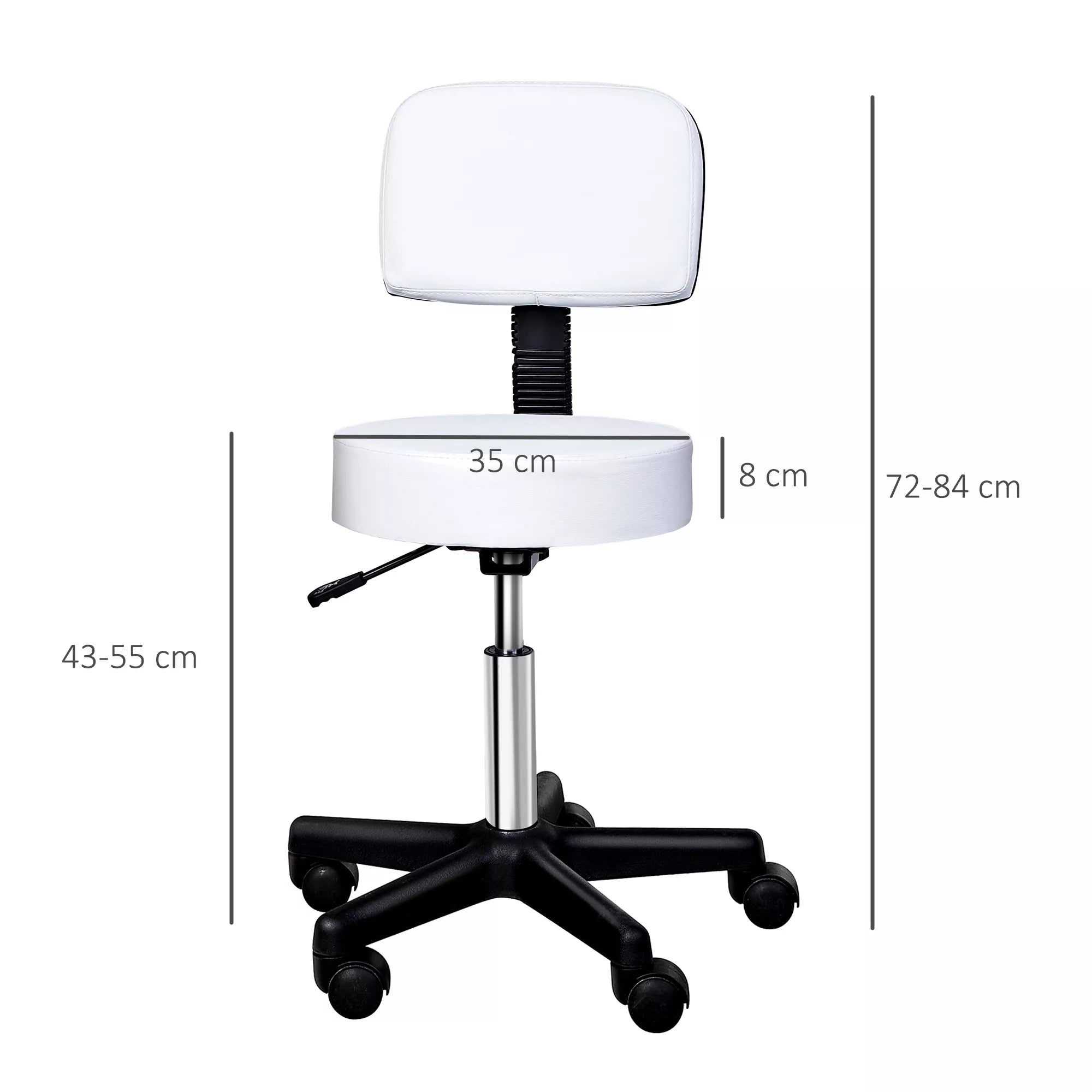 Reguliuojamo aukščio sukamasis taburetė su atlošu Sukamasis taburetė 72–84 cm Darbinis taburetė, sukasi 360° Biuro taburetė biurui, salonui, masažui, SPA Balta