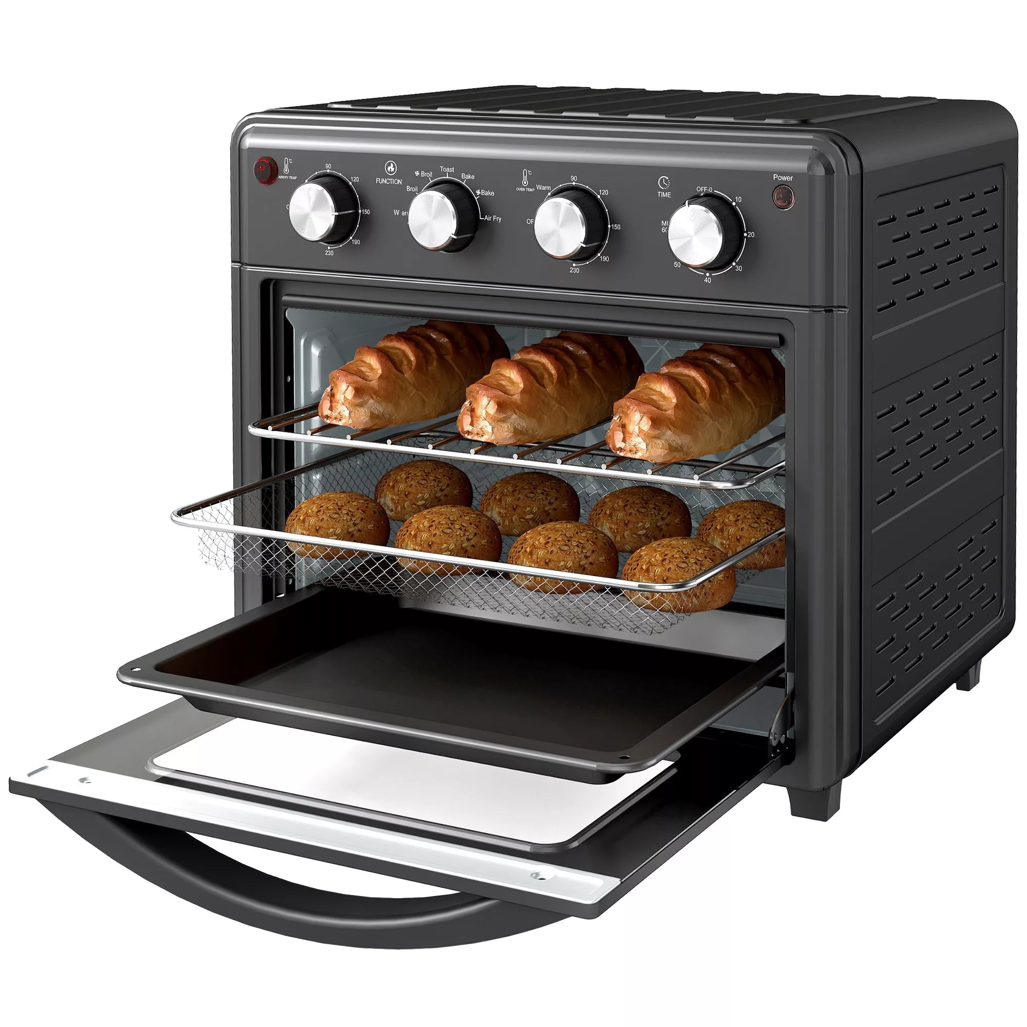 Mini orkaitė, karšto oro gruzdintuvė, 90–230 °C, 7 programos, priedai, juoda