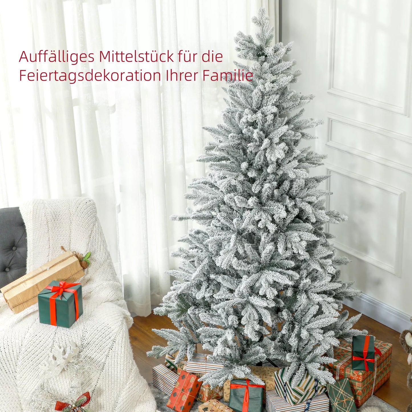 Dirbtinė Kalėdų eglutė su dirbtiniu sniegu ir kankorėžiais, 183 cm, žalia, realistinė, atspari ugniai, metalinis pagrindas