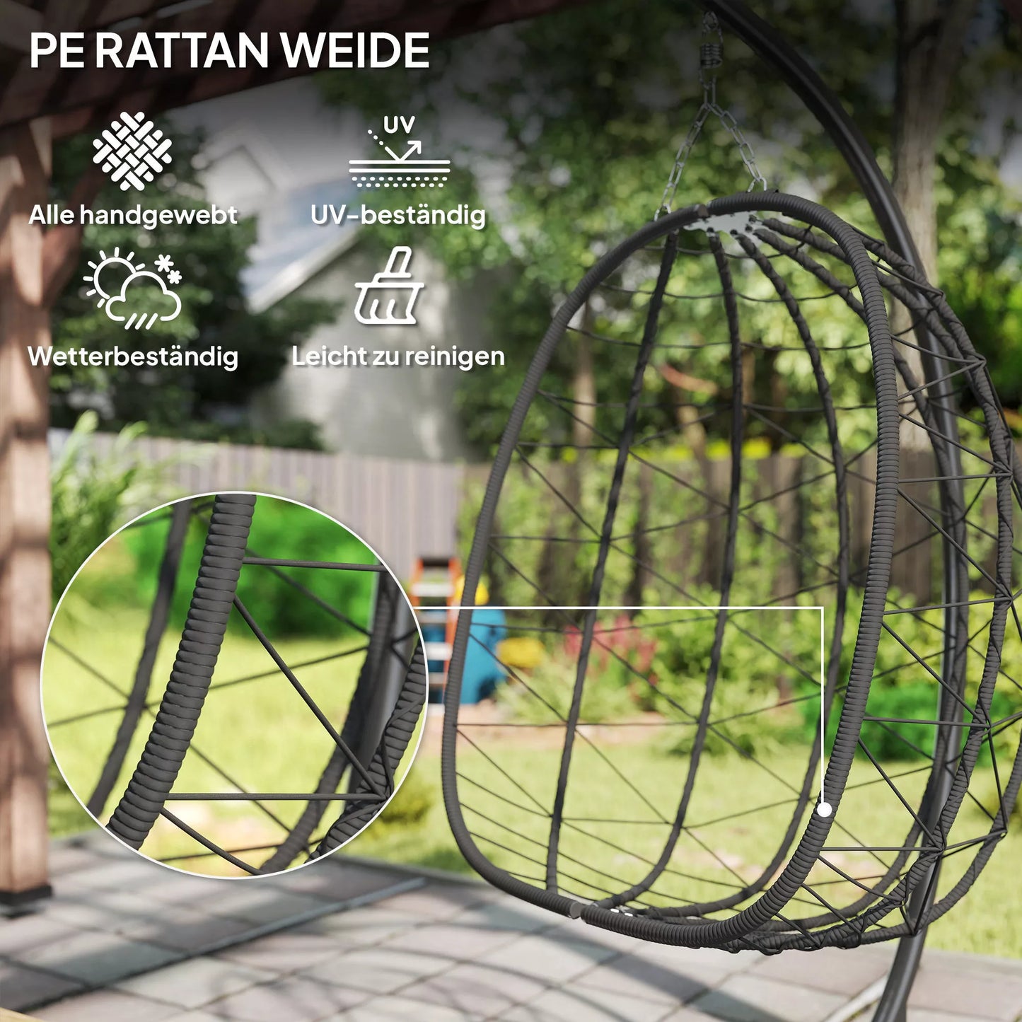 Kabinamas kėdė Lauko kabinama kėdė „Egg Chair“, atspari atmosferos poveikiui, su pagalvėle, 102 cm x 102 cm x 195 cm, tamsiai pilka