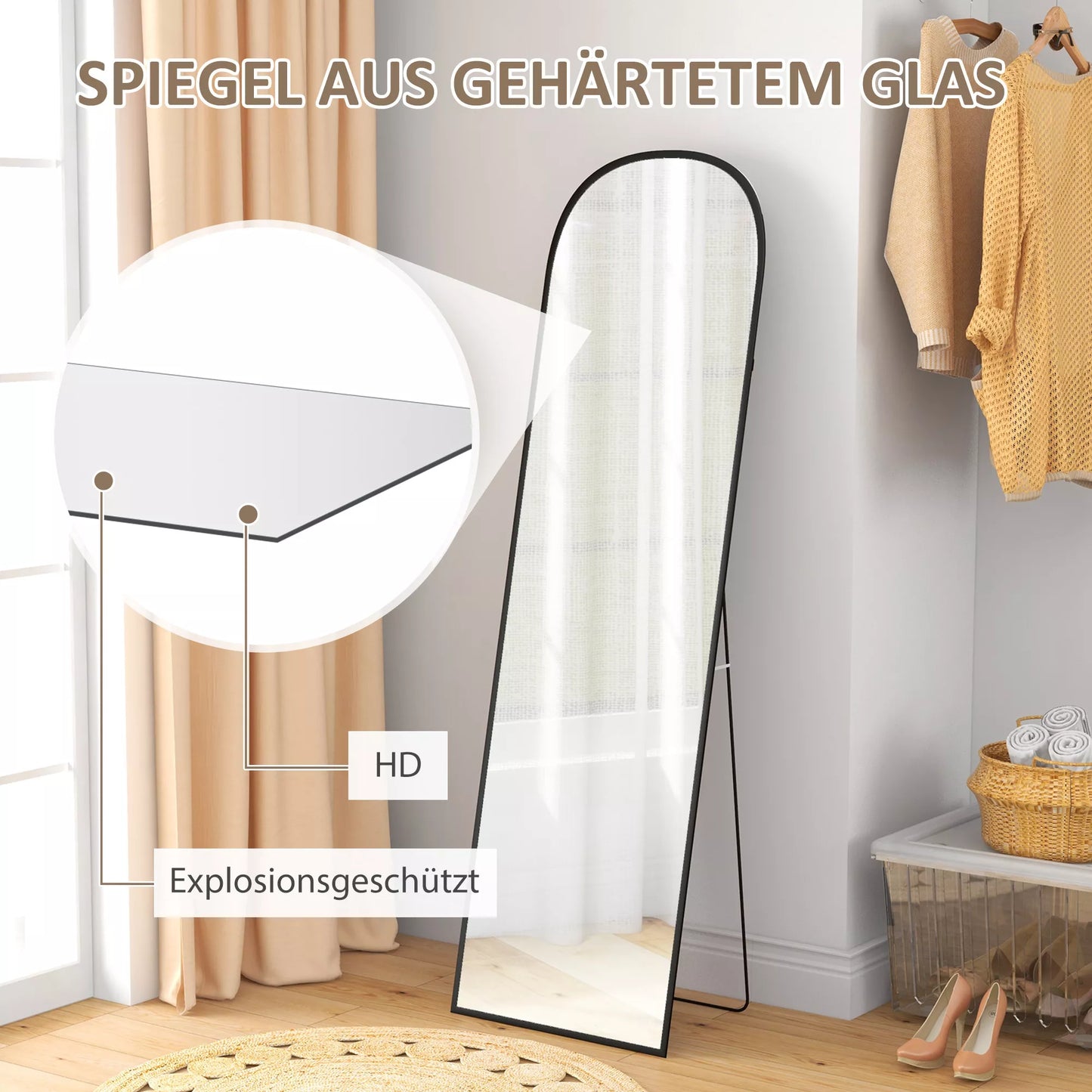 Pastatomas veidrodis, viso kūno veidrodis, modernaus dizaino, 50 cm x 1,5 cm x 161,5 cm, juodas