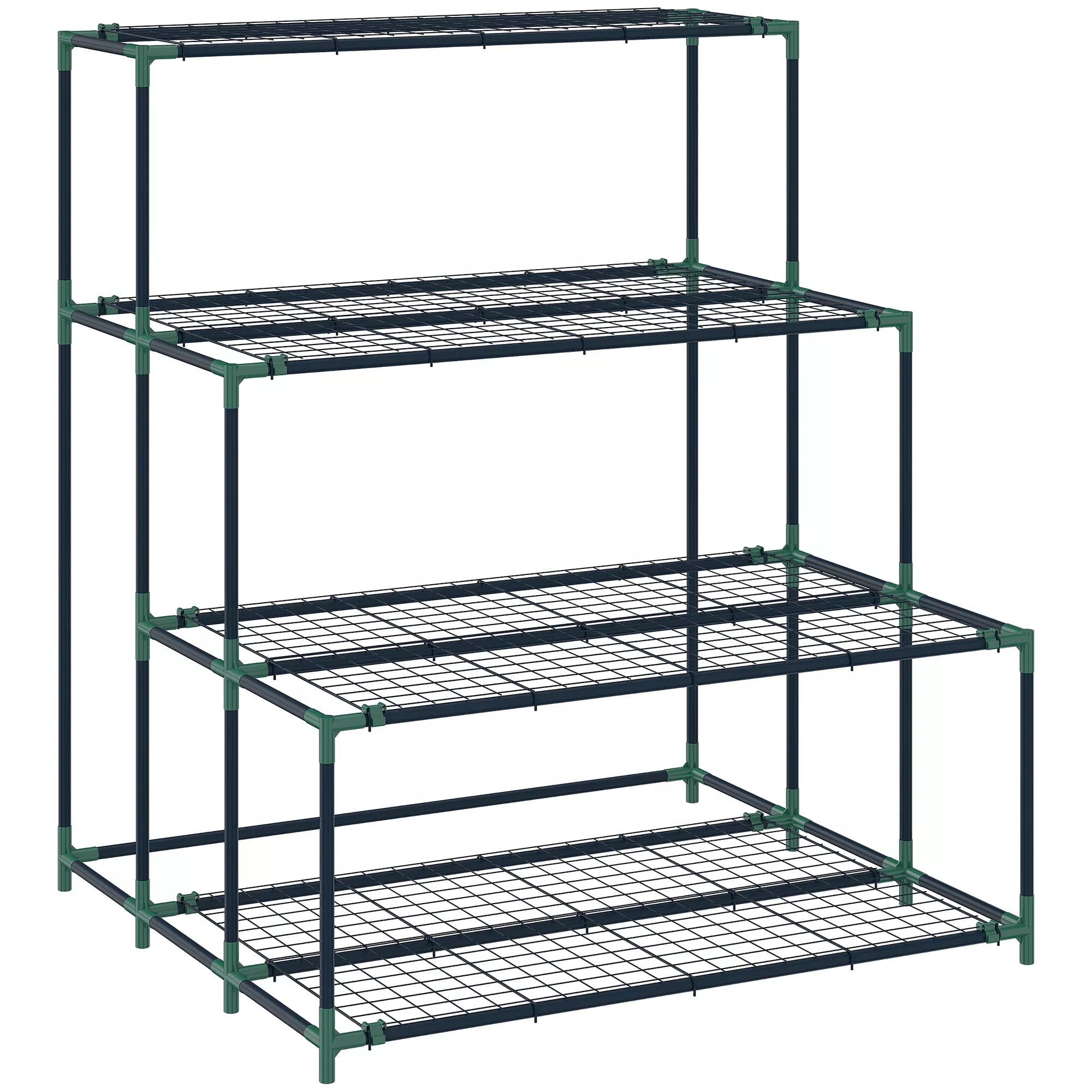 Metalinis gėlių stovas 4 pakopų balkonui ir terasai, 94 x 84 x 110 cm, tamsiai žalios spalvos