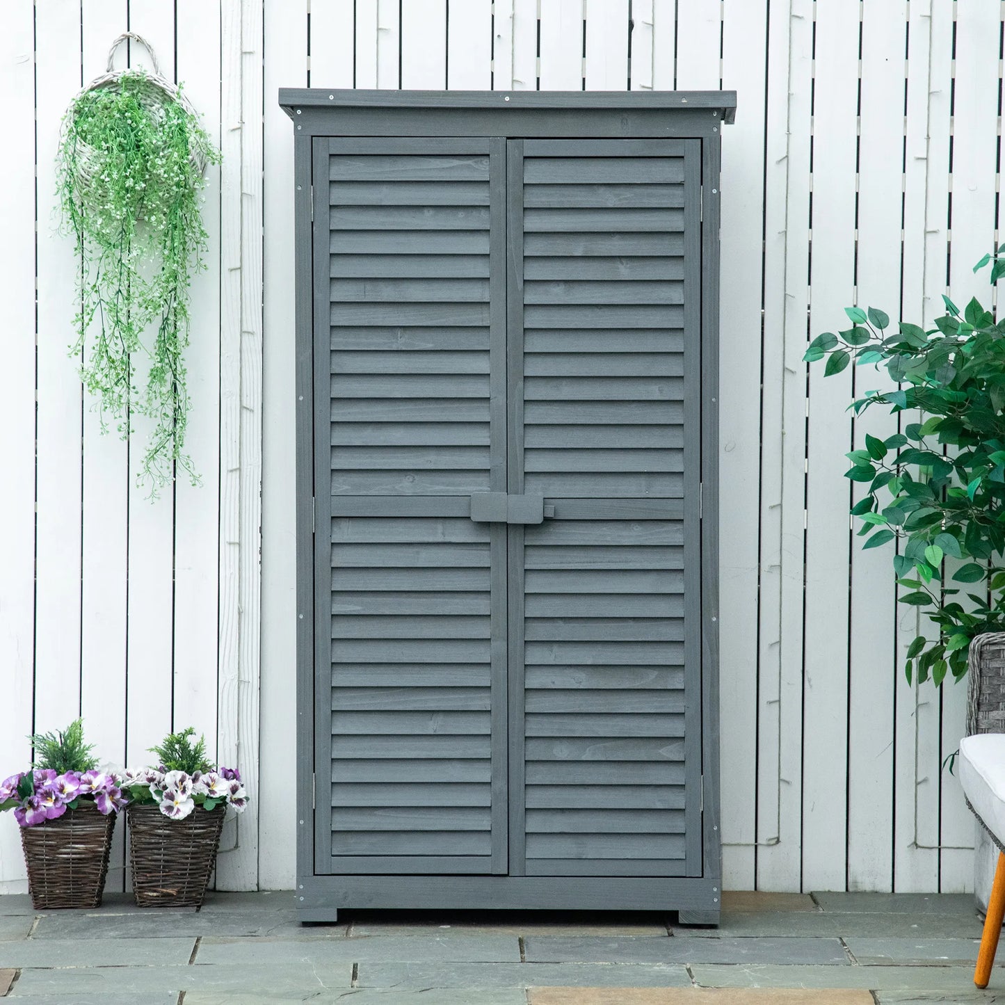 Outsunny Sodo spintelė Medienos įrankių namelis Medienos namelis Mononilys stogas Bituminė danga Lamelinės durys Pilka 87 x 46,5 x 160 cm