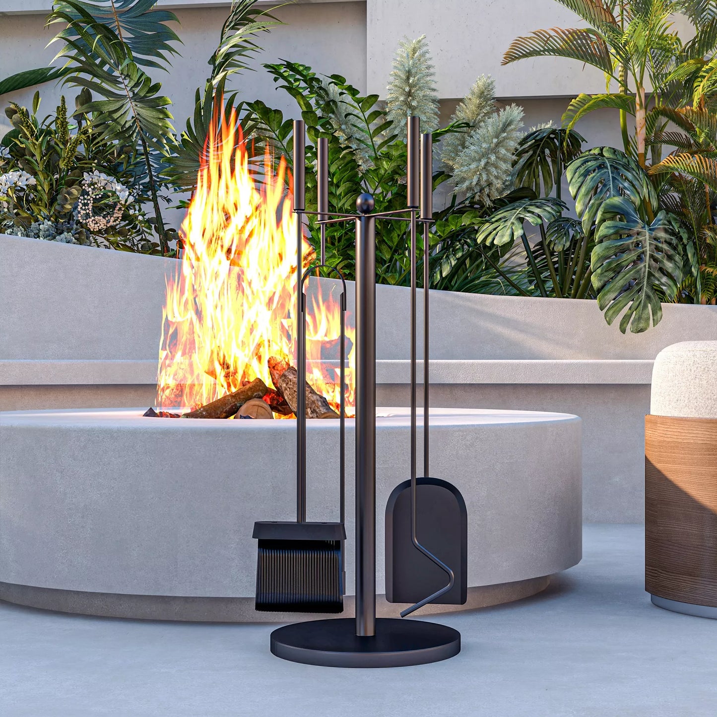 Židinio įrankių rinkinys, 5 dalių, šepetys, kastuvas, žnyplės, angliaraktis ir stovas, ugniai atsparus metalas, juodas