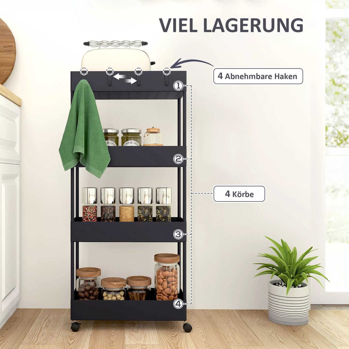 Virtuvės vežimėlis su 4 lentynomis, 4 lanksčiais kabliukais, 4 ratukais, 40 cm x 19 cm x 90 cm, siauros vietos vežimėlis, juodas