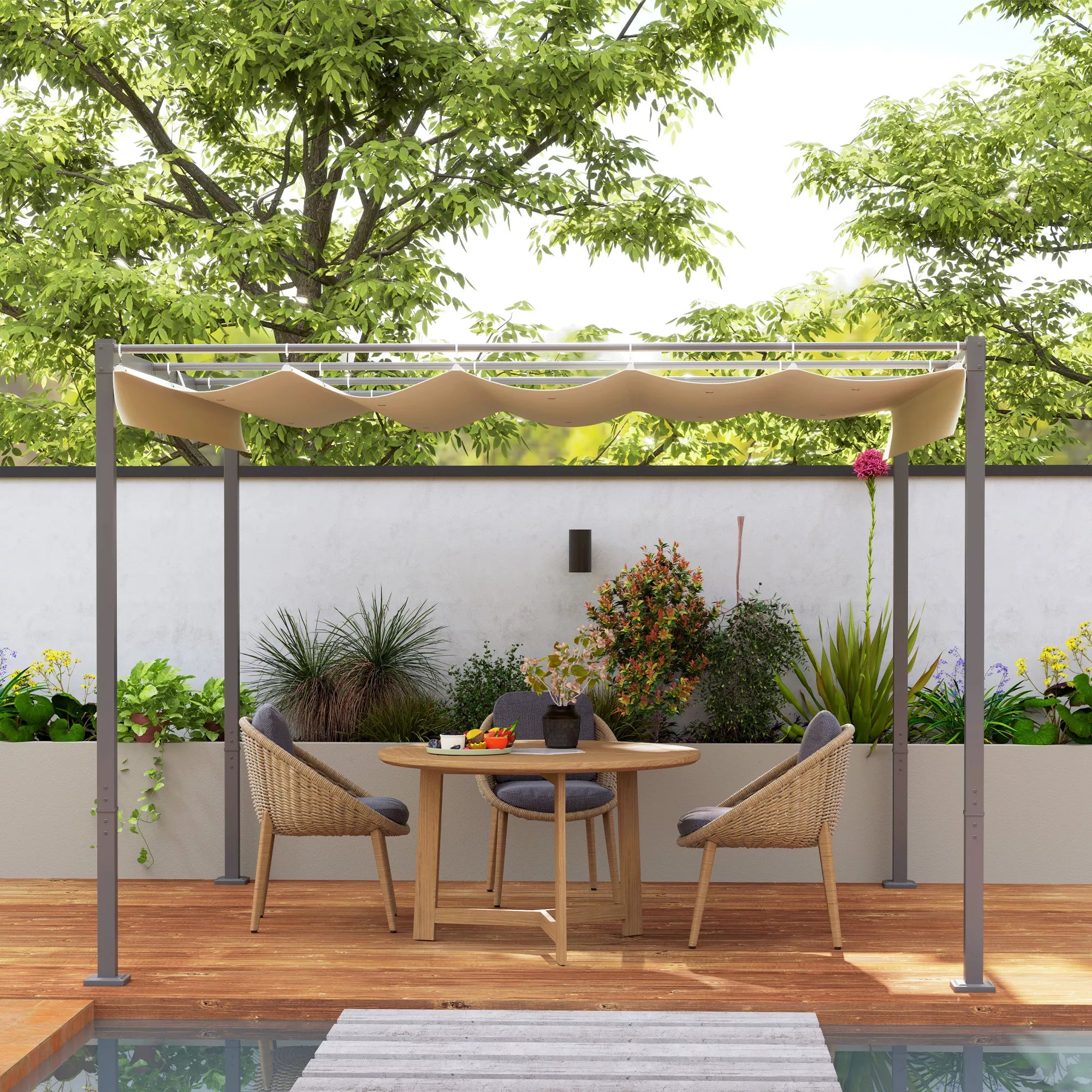 3 x 3 m sodo pergola su ištraukiamu stogu, pavėsine, baldakimu šešėliui, UPF30+, smėlio spalvos
