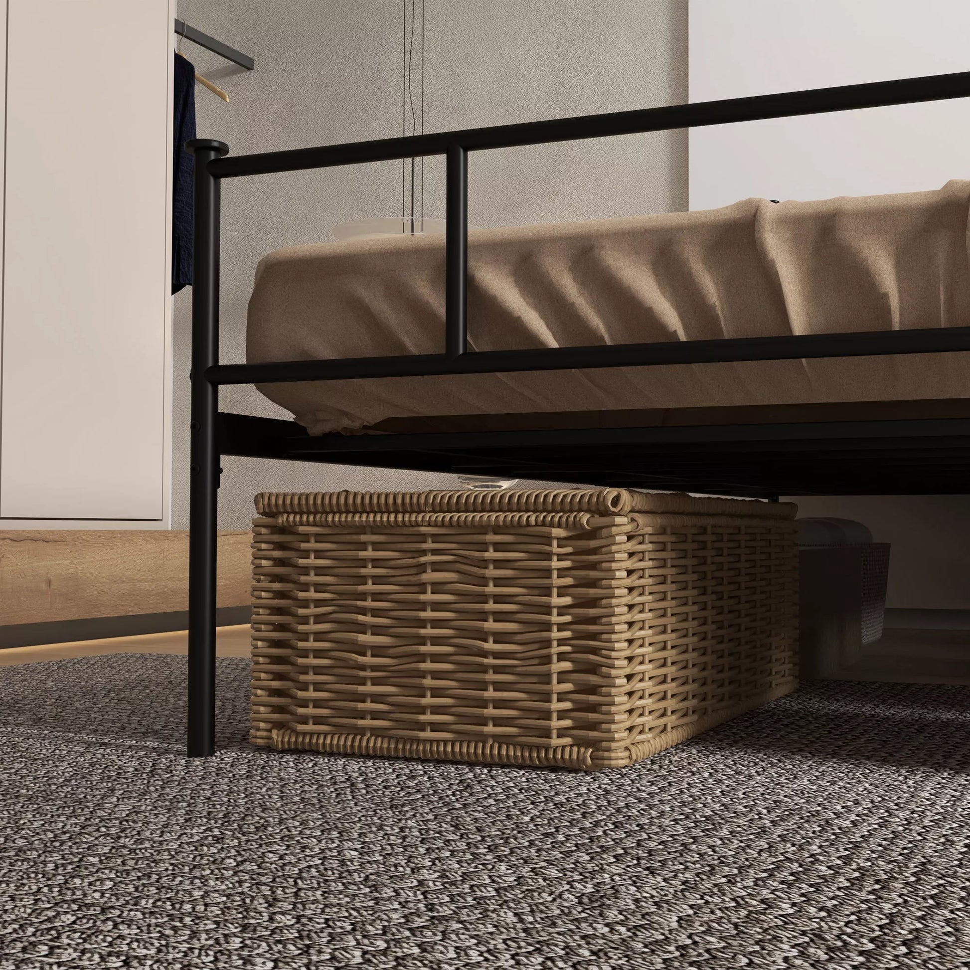 Lova 160 x 200 cm Lovos rėmas su plieniniu grotelių pagrindu, daiktų laikymo dėže po lova, dvigulė lova, juoda