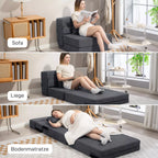 Grindų sofa, minkšta sofa, transformuojama į čiužinį, putplastis, pagalvės, tamsiai pilkos