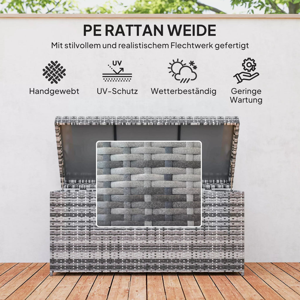 Rattan Auflagenbox 380L atsparus atmosferos poveikiui pagalvės dėžė su dangčiu Sandėliavimo erdvė Atsparus UV spinduliams 130 x 61 x 65 cm Tamsiai pilka