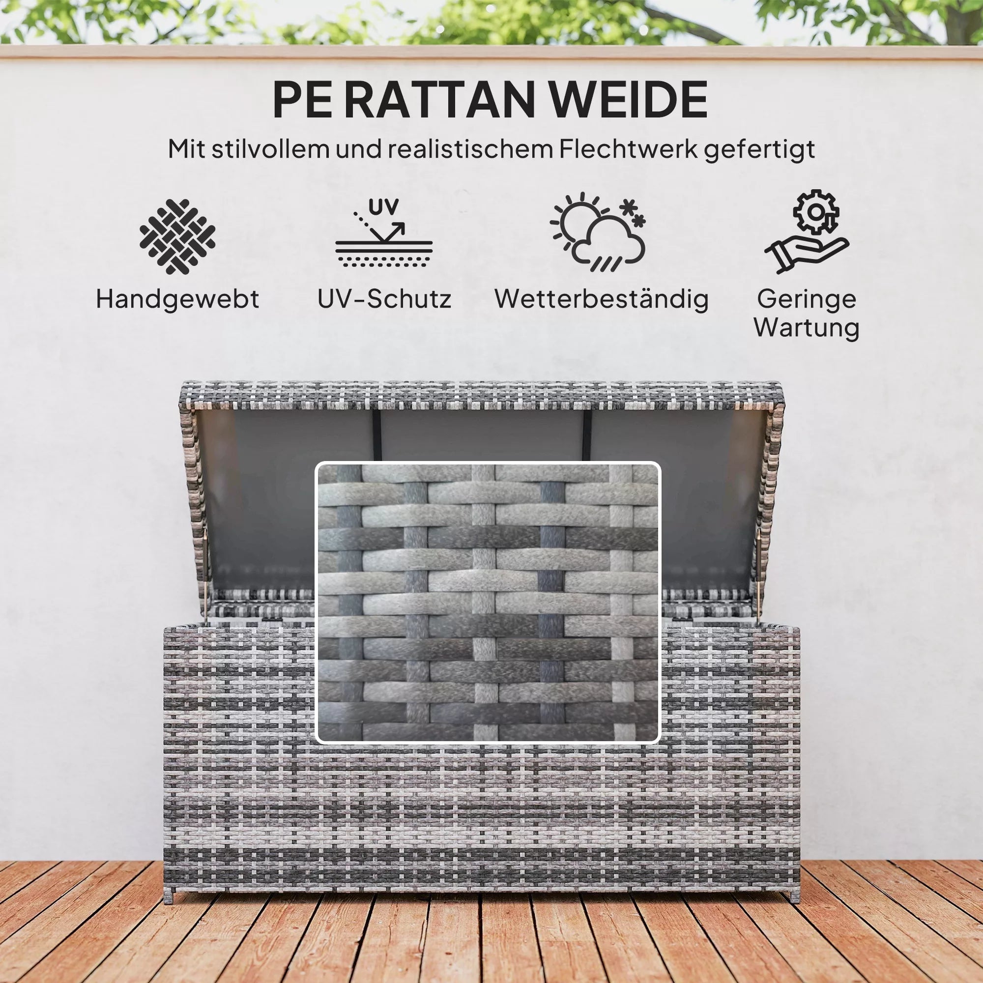 Rattan Auflagenbox 380L atsparus atmosferos poveikiui pagalvės dėžė su dangčiu Sandėliavimo erdvė Atsparus UV spinduliams 130 x 61 x 65 cm Tamsiai pilka