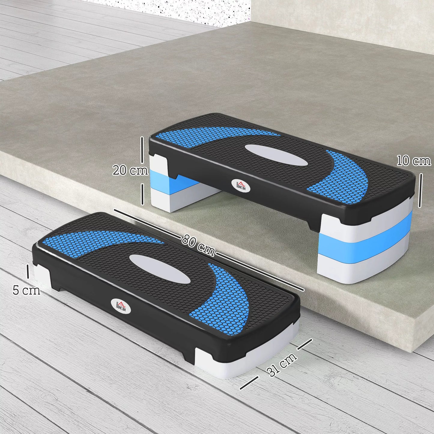 Aerobikos stepperis 3 pakopų, reguliuojamo aukščio, 80 x 31 x 20 cm, Juoda+Šviesiai mėlyna+Pilka