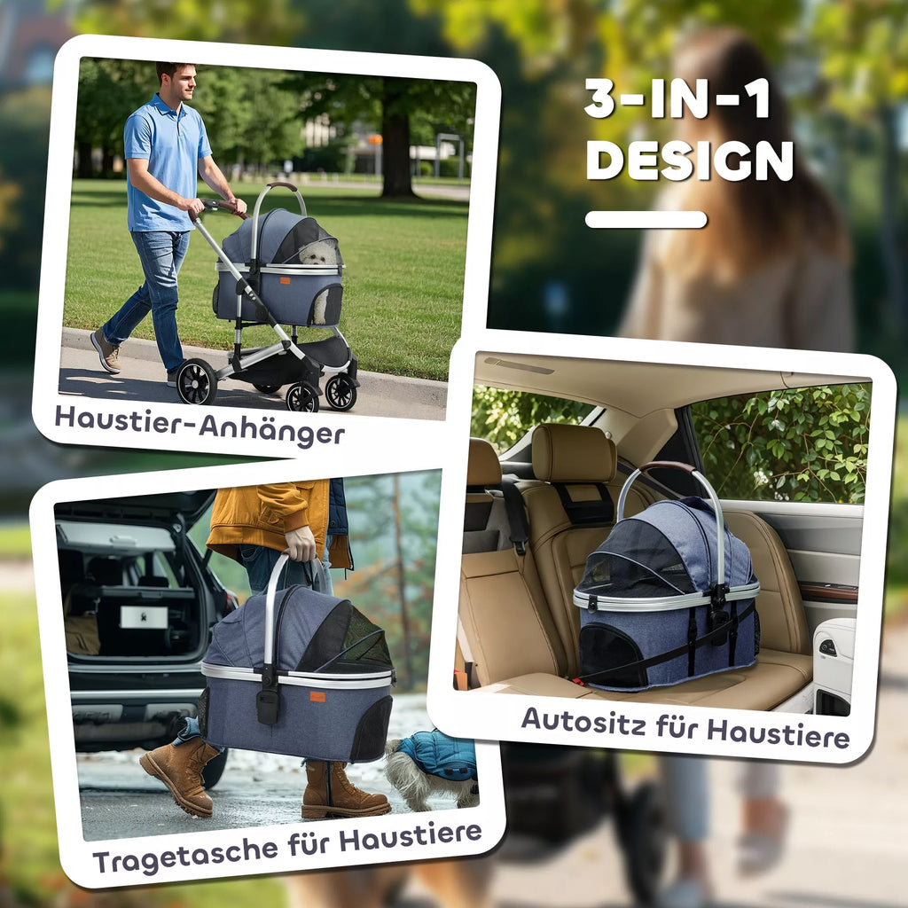 3 in 1 vežimėlis šunims ir katėms, sulankstomas, katėms iki 10 kg, su pagalvėle, puodelio laikikliu, tamsiai mėlynas